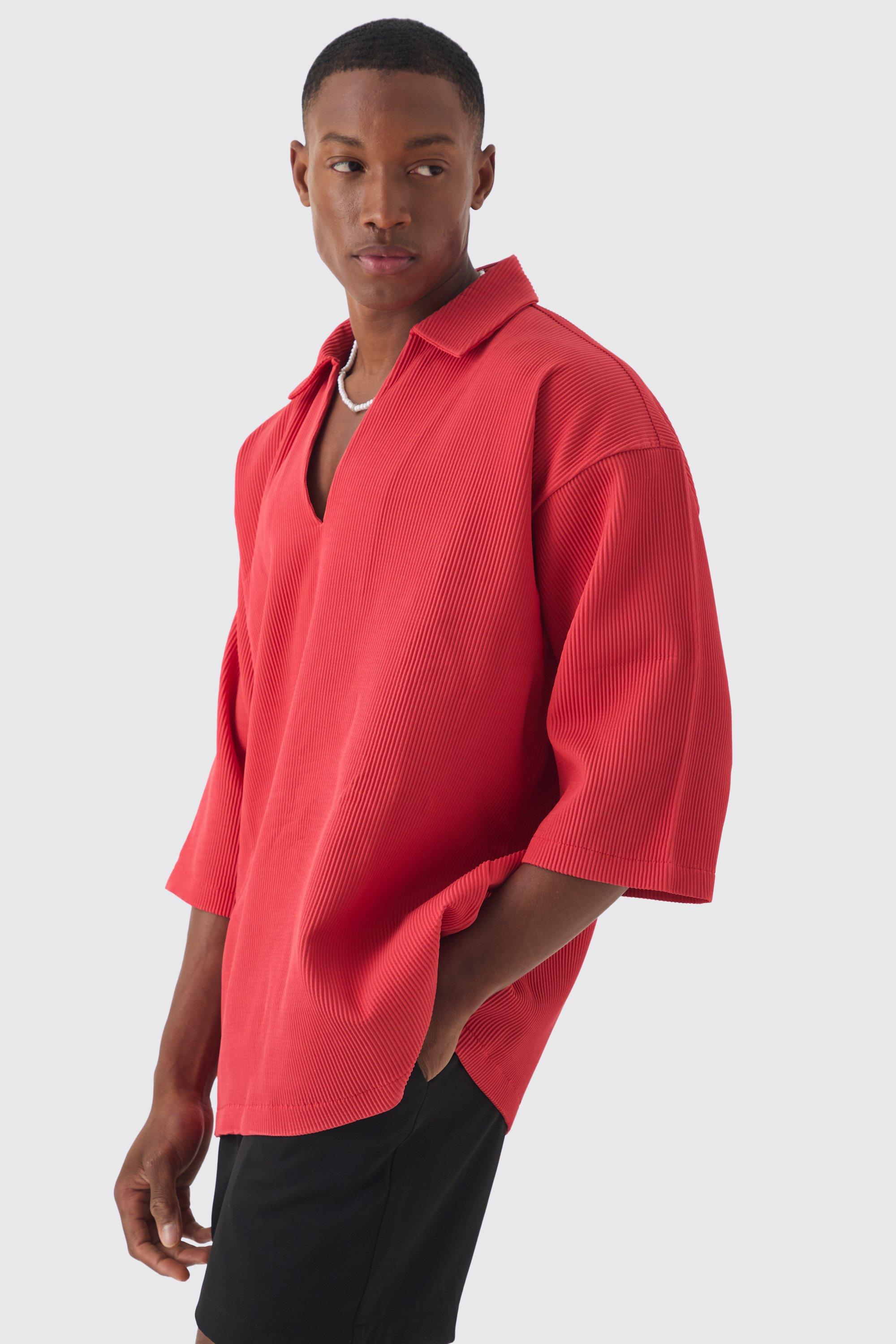 Mens Red Pleated Oversized V Neck Shirt, Red