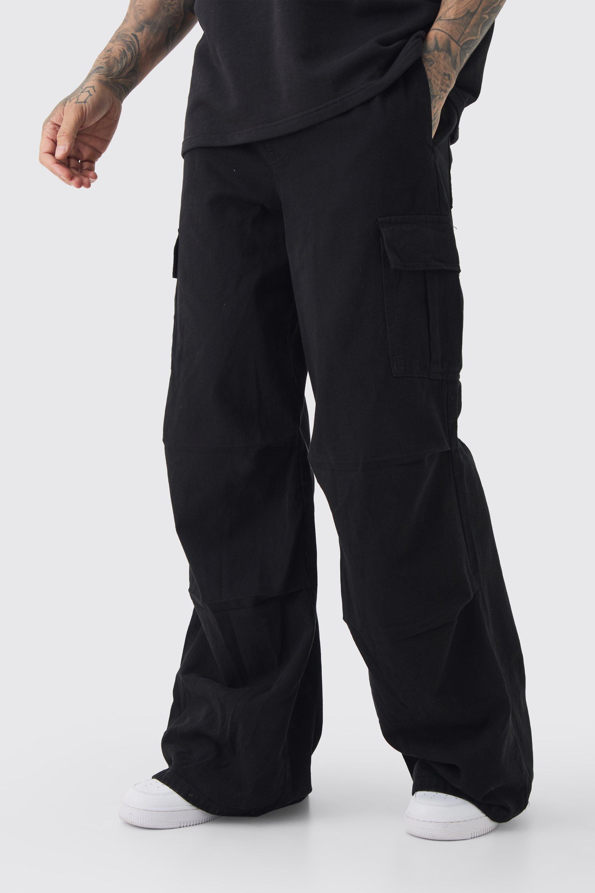 Mens Tall Extreme Baggy Fit Cargo Trousers In Black, Black