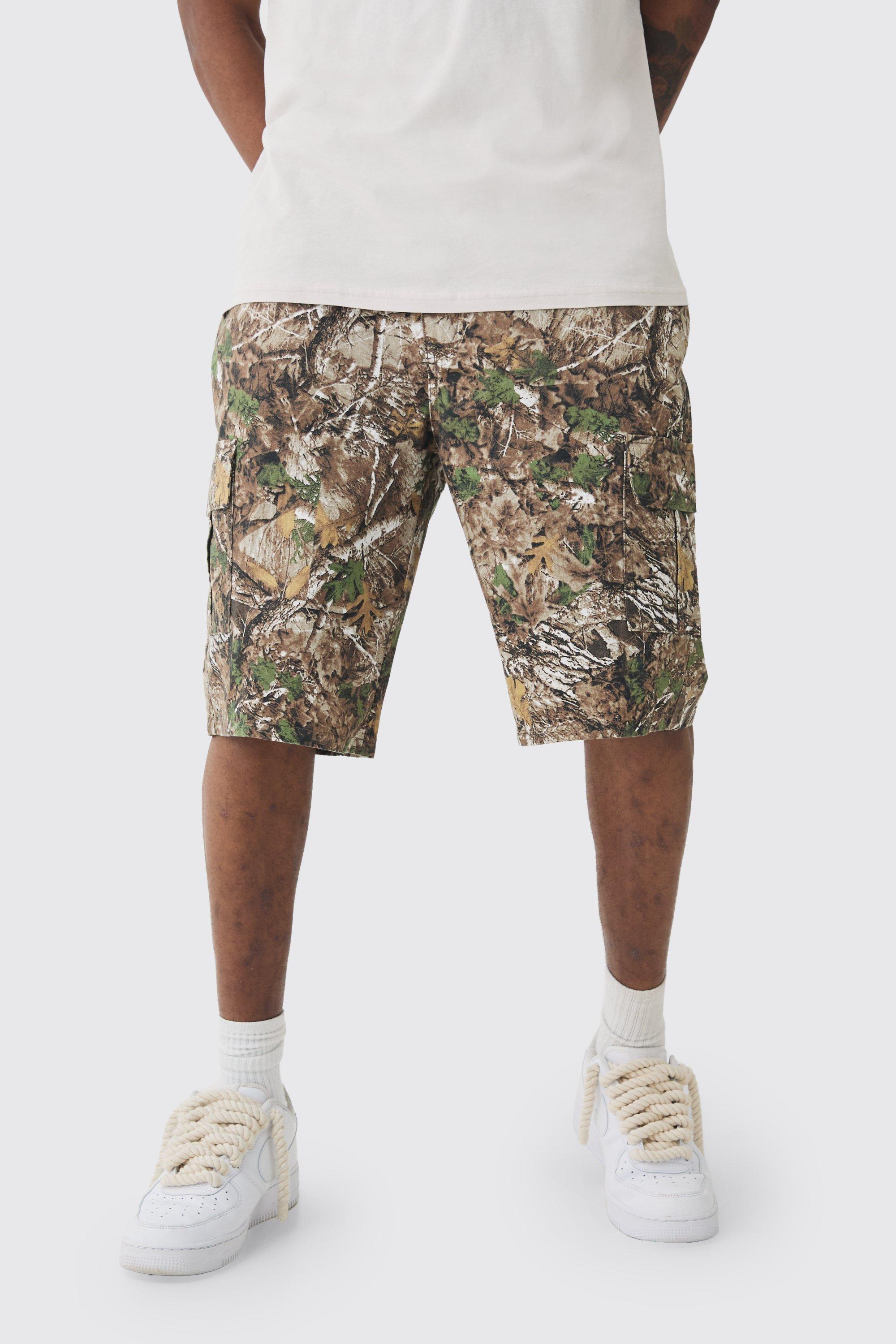 Mens Beige Tall Forest Camo Fixed Waist Relaxed Cargo Shorts, Beige