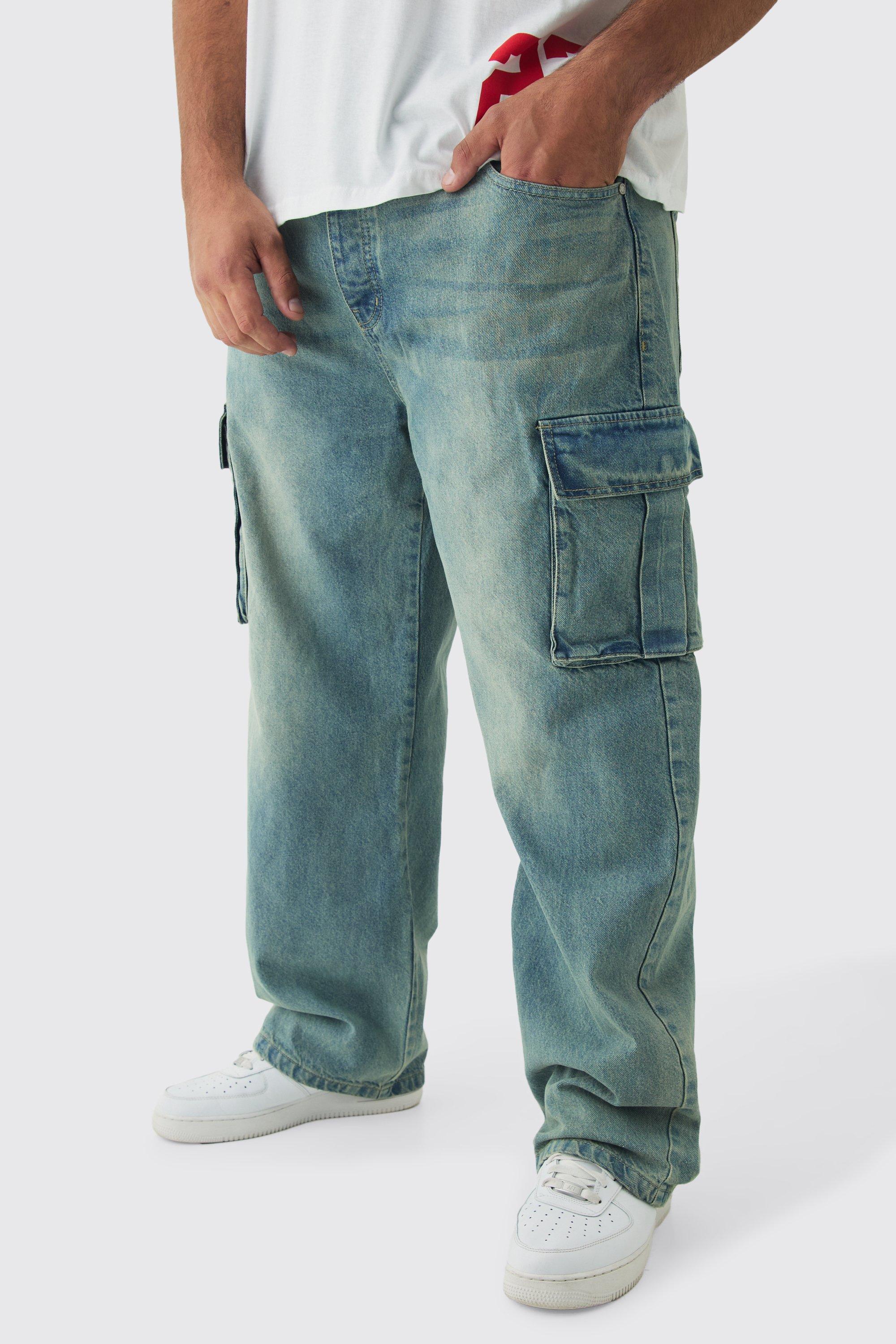 Mens Blue Plus Relaxed Rigid Cargo Jeans, Blue