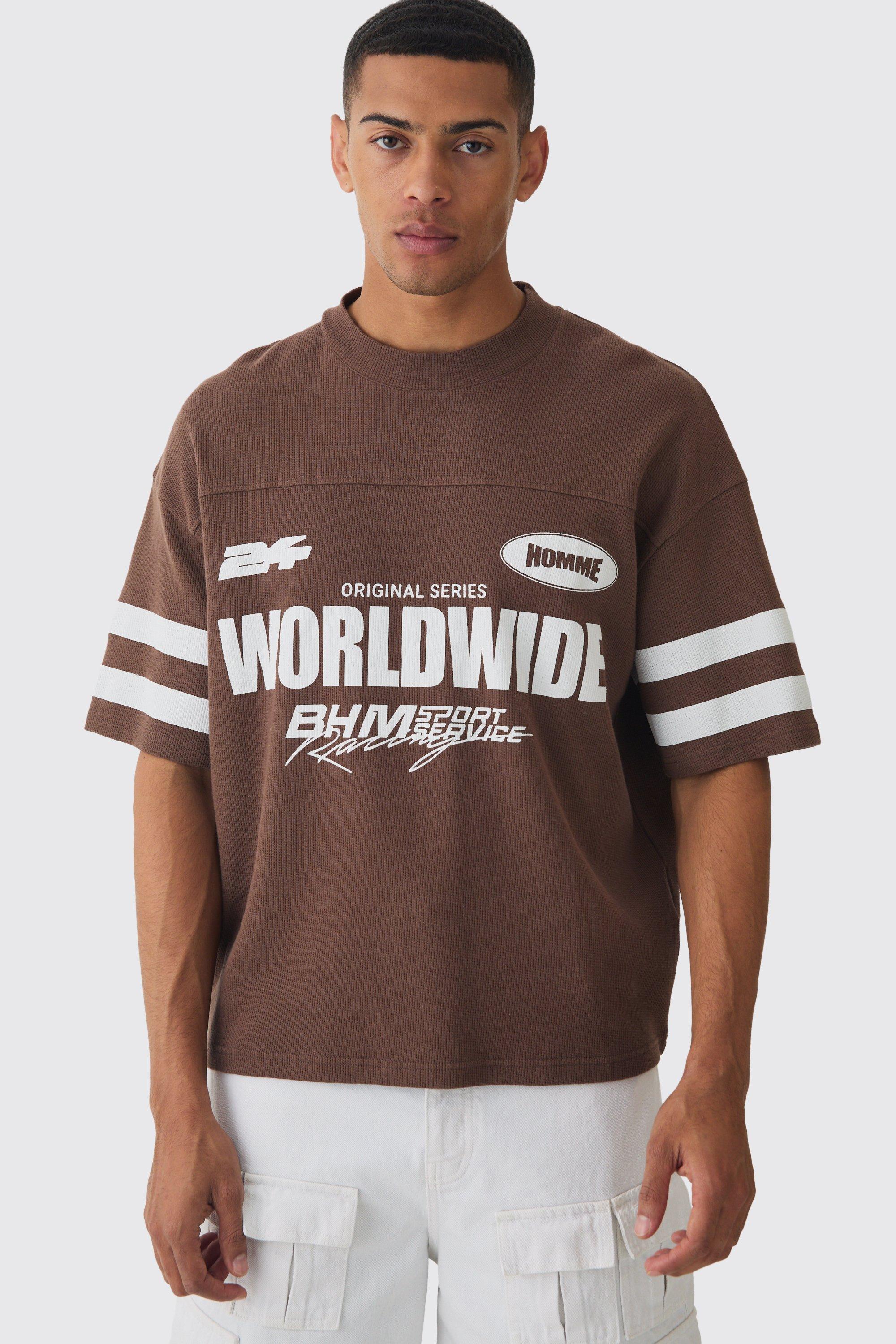 T-shirt squadrata oversize Worldwide con trama a nido d'ape, Brown