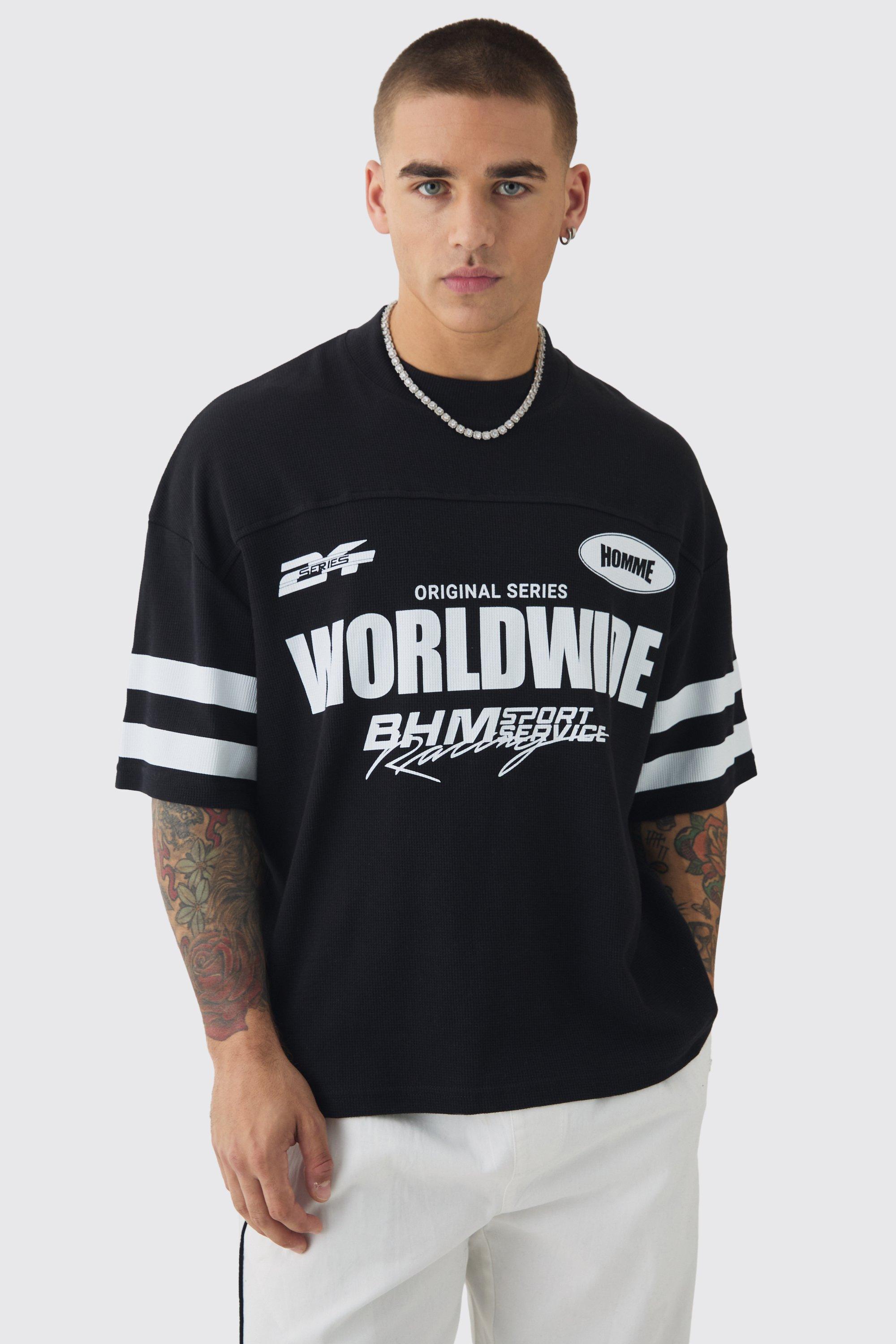 T-shirt squadrata oversize Worldwide con trama a nido d'ape, Nero