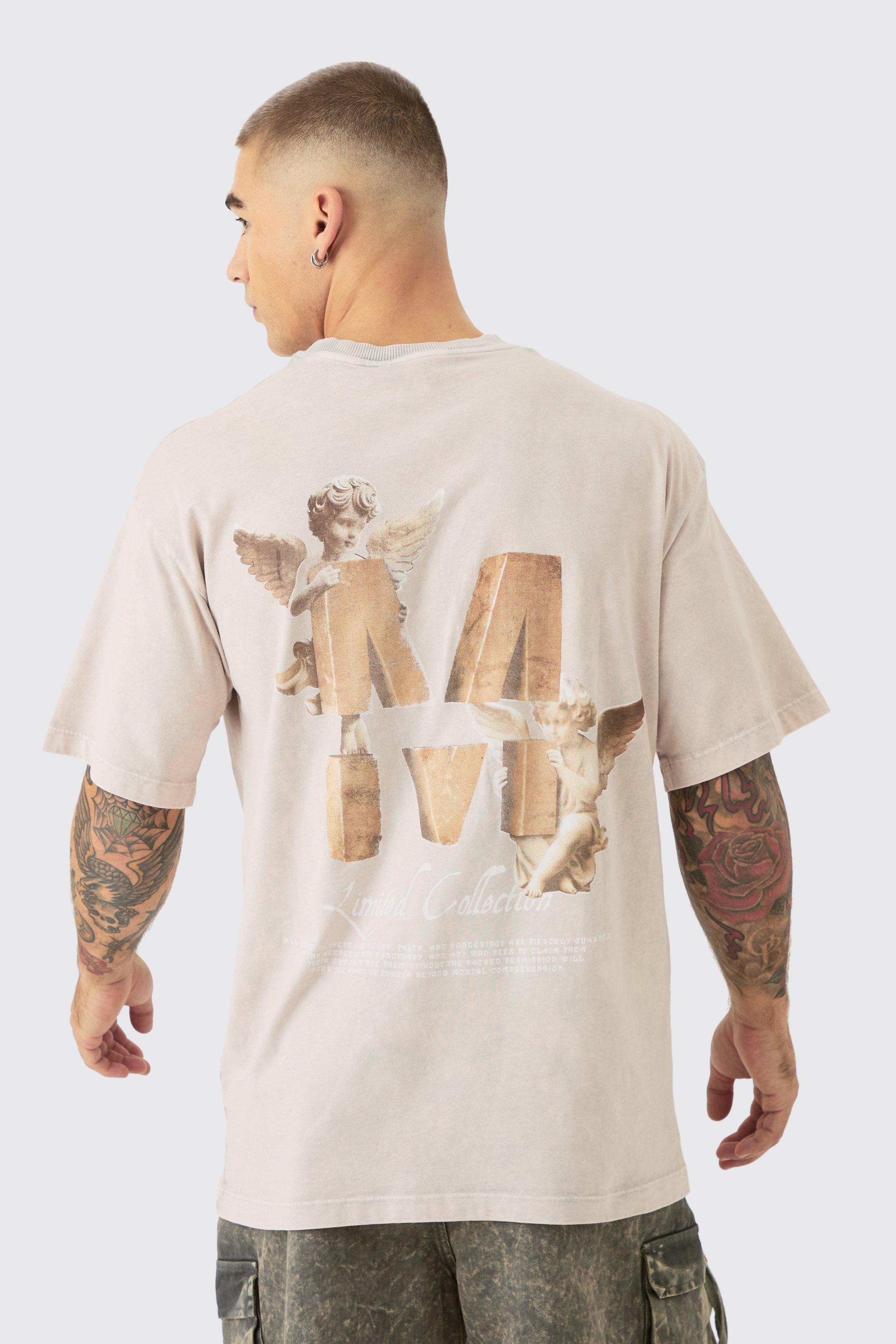 T-shirt in lavaggio acido con grafica di angelo, Beige