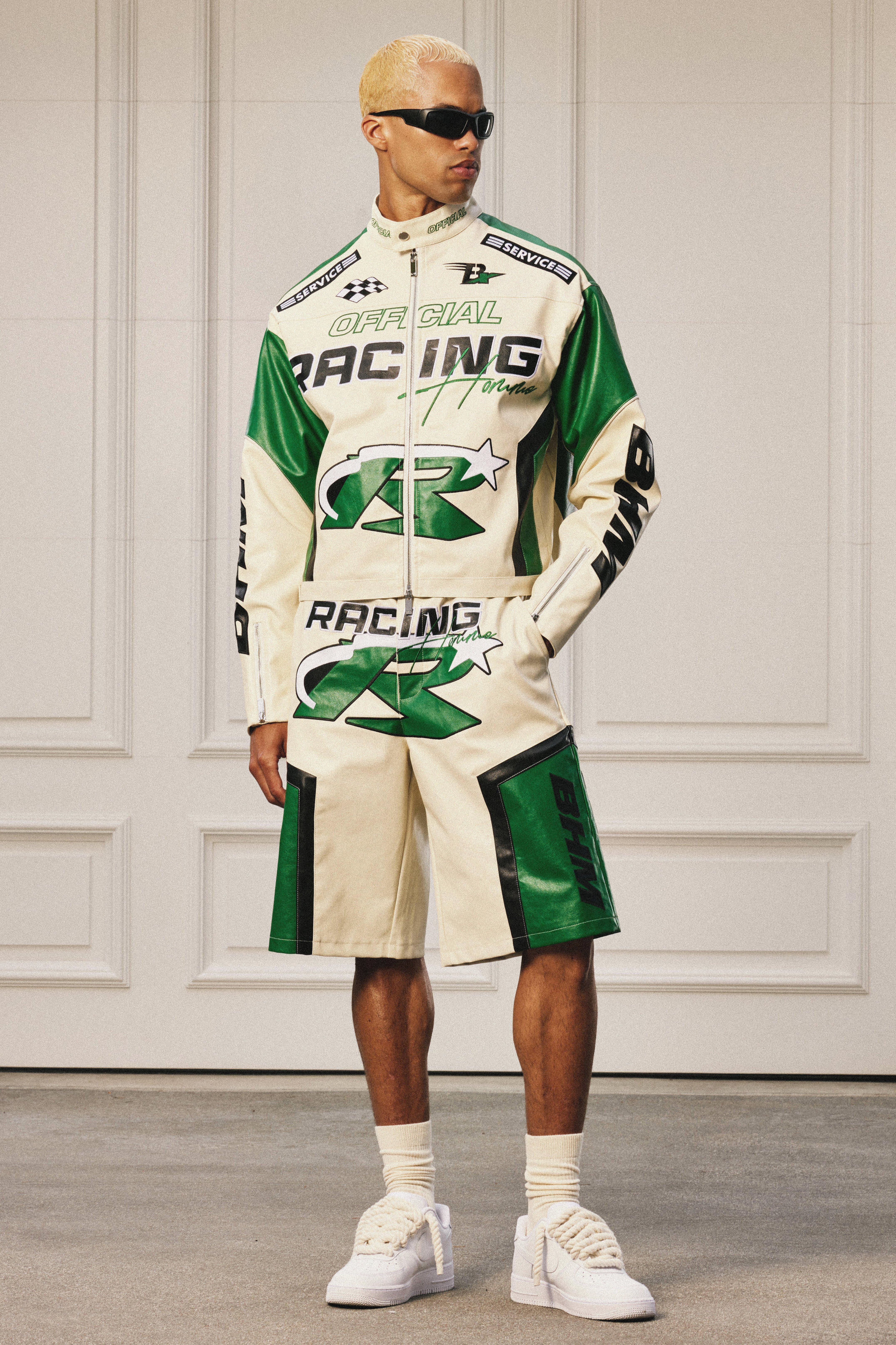 Mens Cream Elasticated Waist Pu Moto Jorts In Ecru, Cream