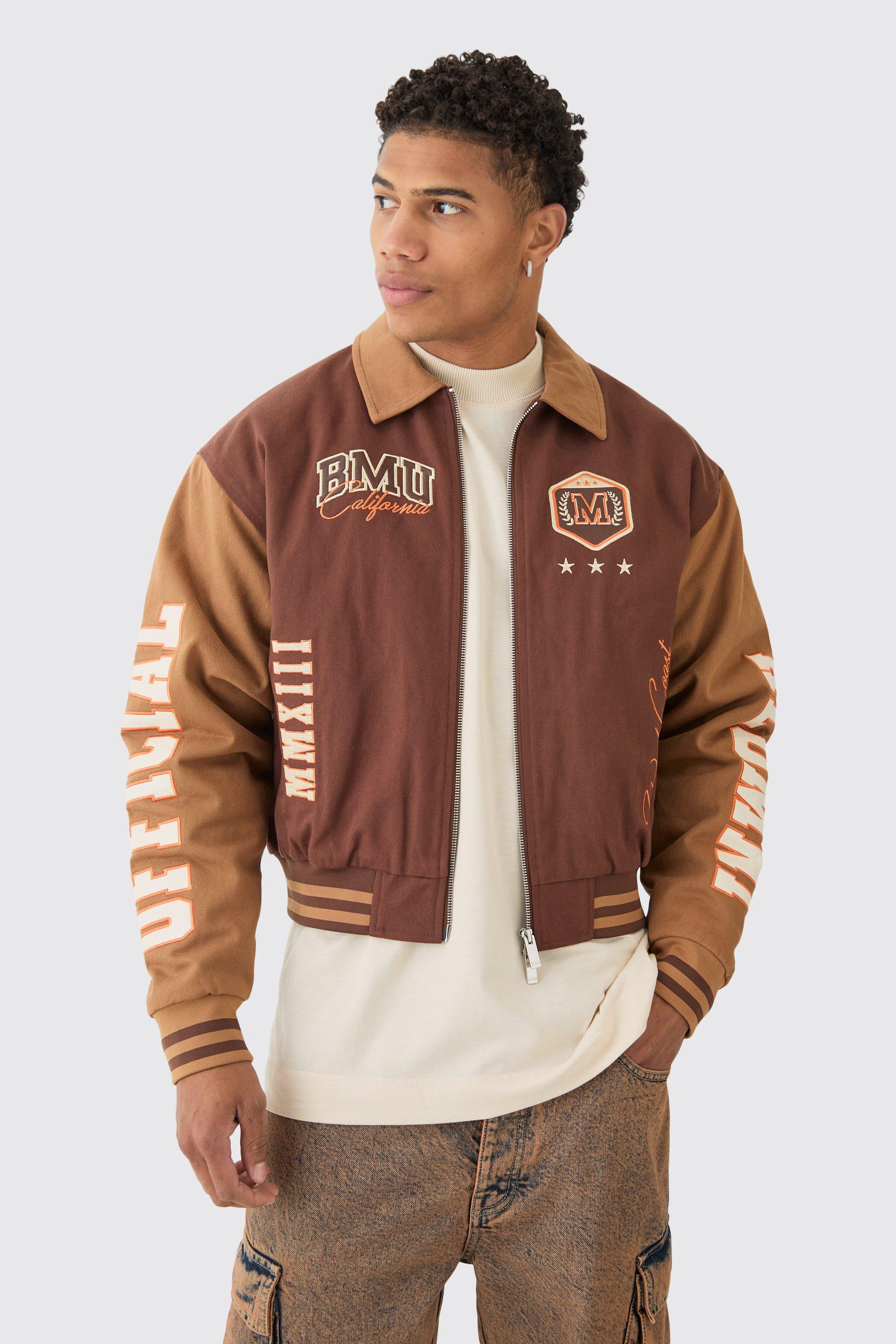 Giacca Bomber squadrata marrone in twill con colletto e colletto, Brown