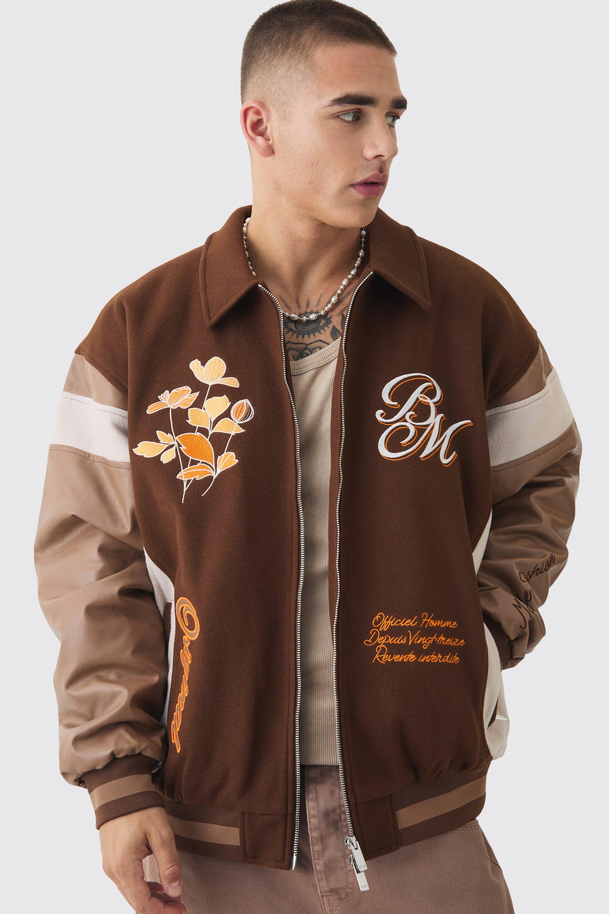 Mens Oversized Floral Badge Collared Varsity Jacket In Brown, Brown