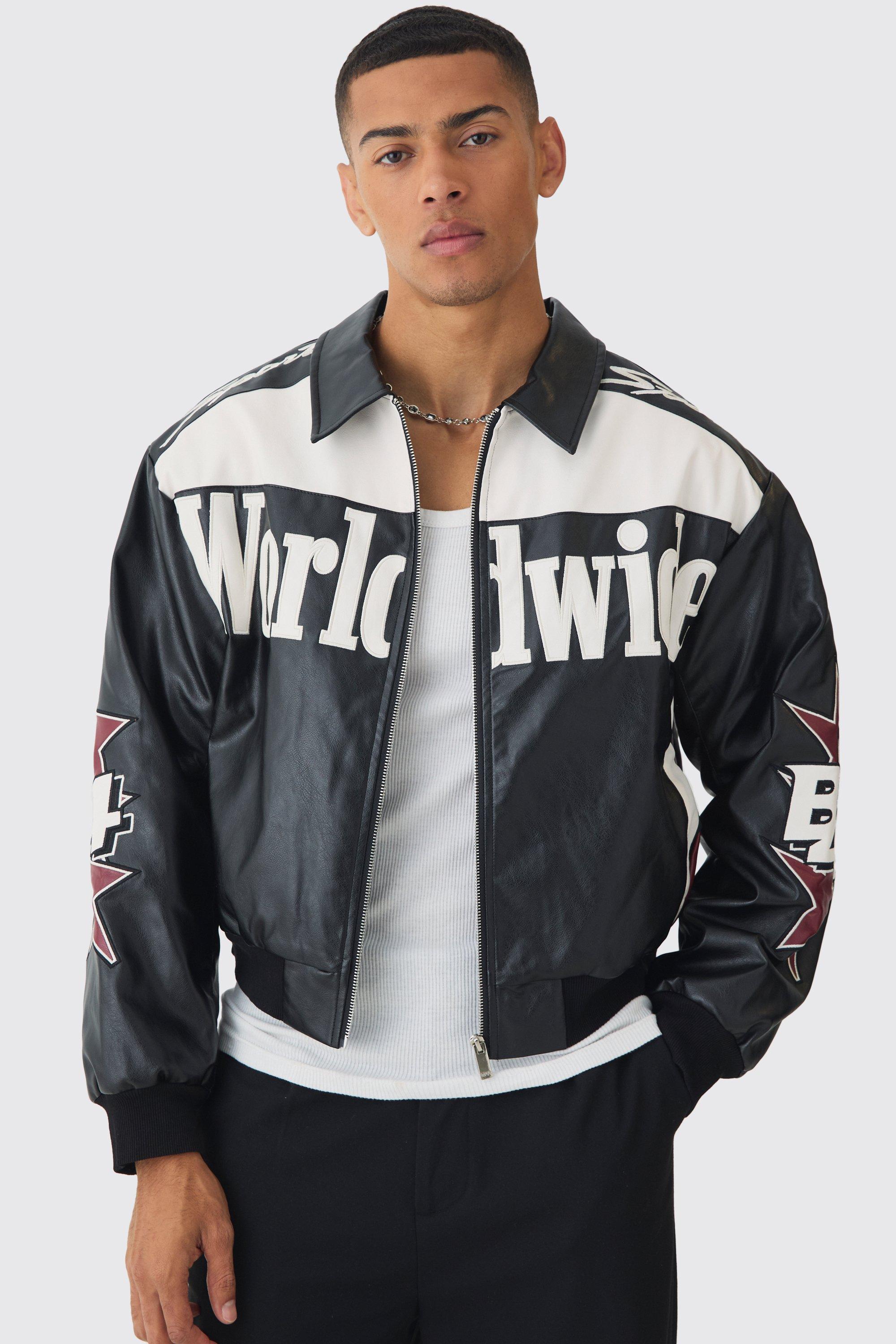 Mens Boxy Worldwide Collared PU Bomber Jacket In Black, Black