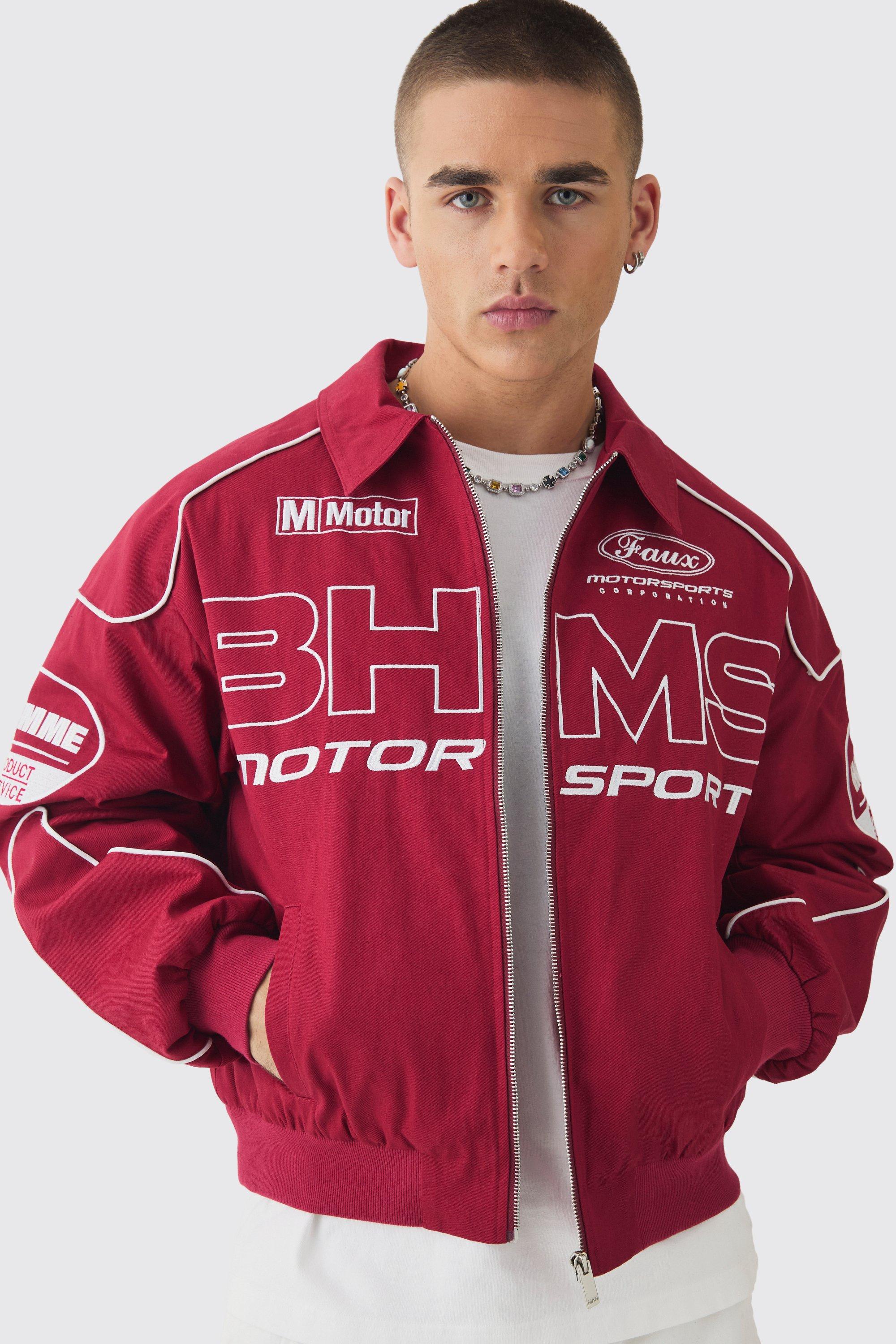 Mens Red Boxy Badge Twill Moto Jacket In Burgundy, Red
