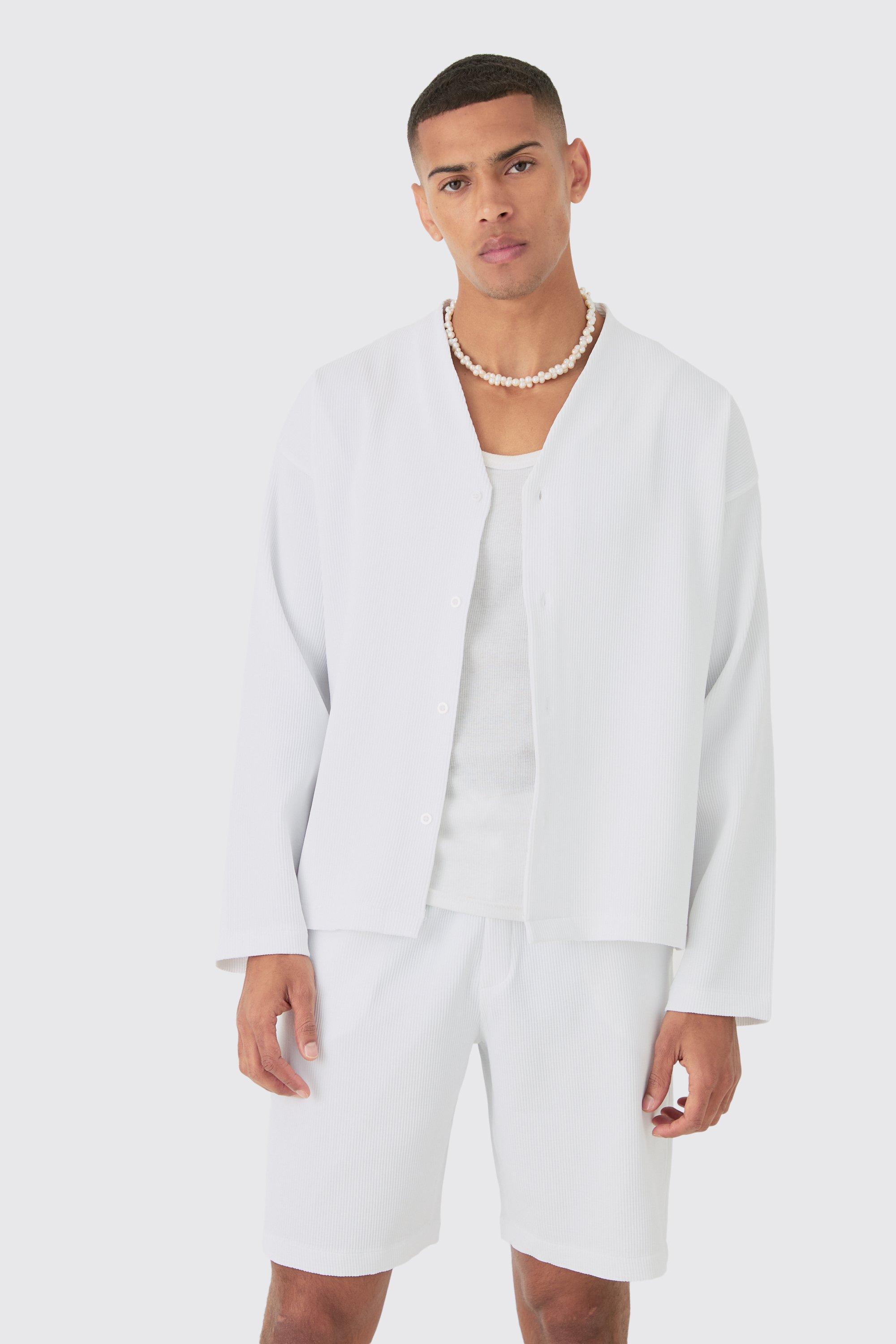 Mens White Pleated Longsleeve Collarless Boxy Shirt & Short Set, White