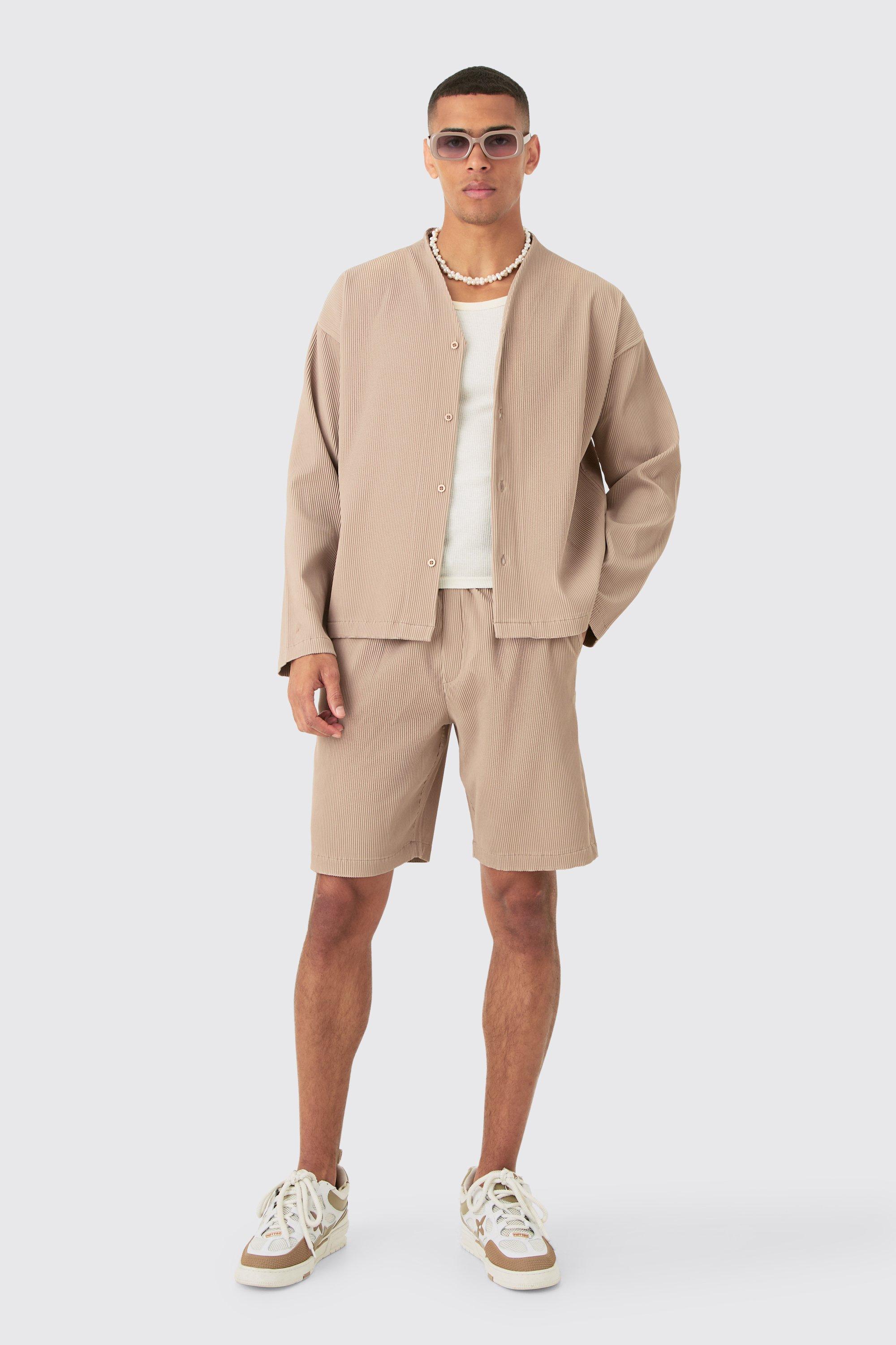 Mens Beige Pleated Longsleeve Collarless Boxy Shirt & Short Set, Beige