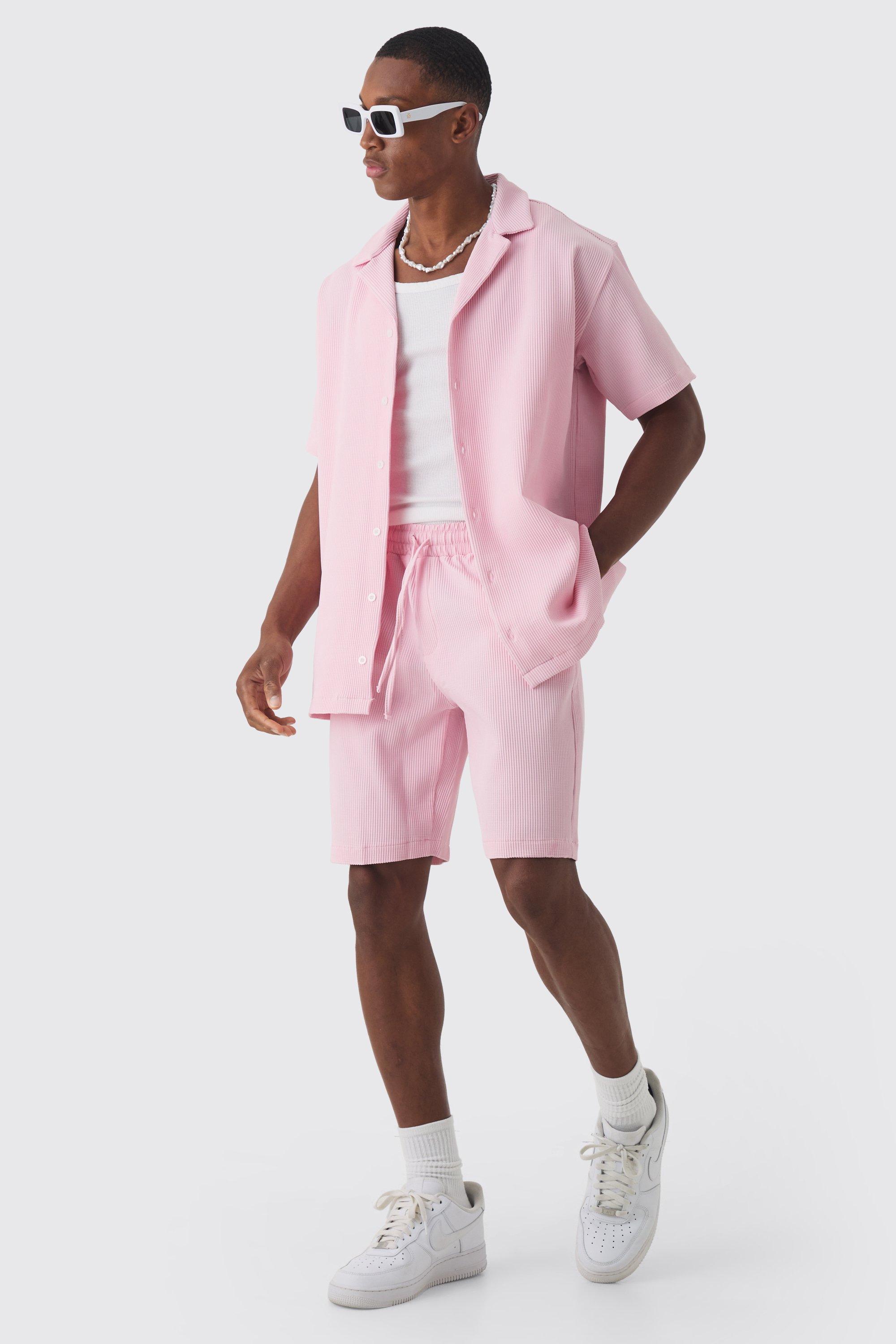 Mens Pink Oversized Short Sleeve Pleated Shirt And Short Set, Pink