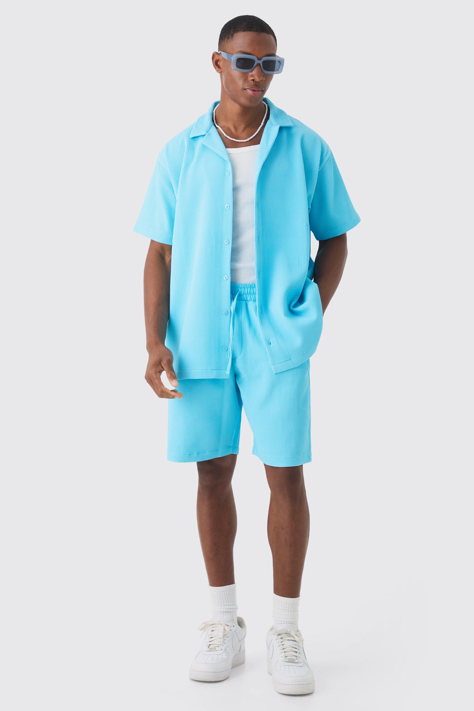 Mens Blue Oversized Short Sleeve Pleated Shirt And Short Set, Blue