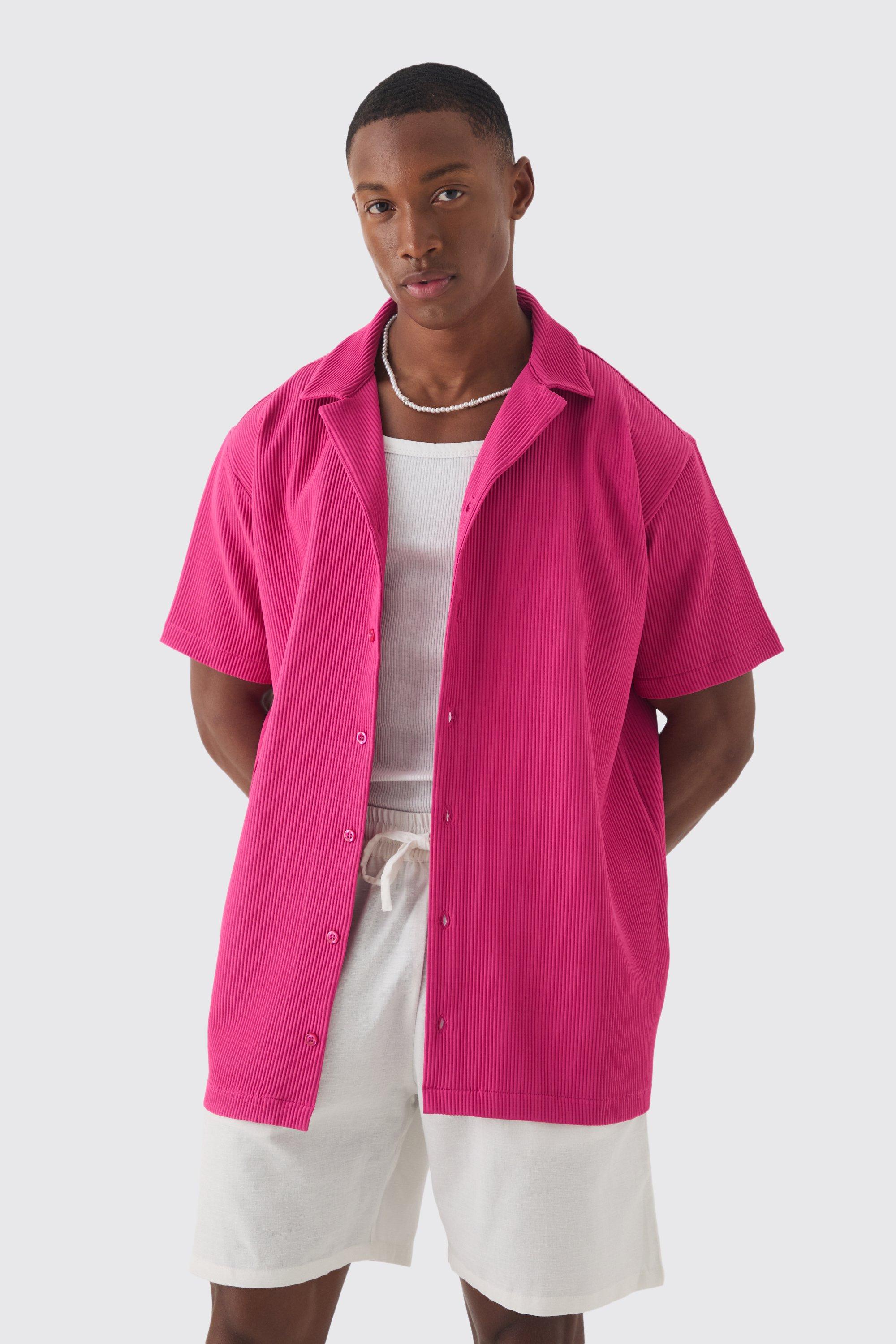 Mens Pink Short Sleeve Revere Oversized Pleated Shirt, Pink