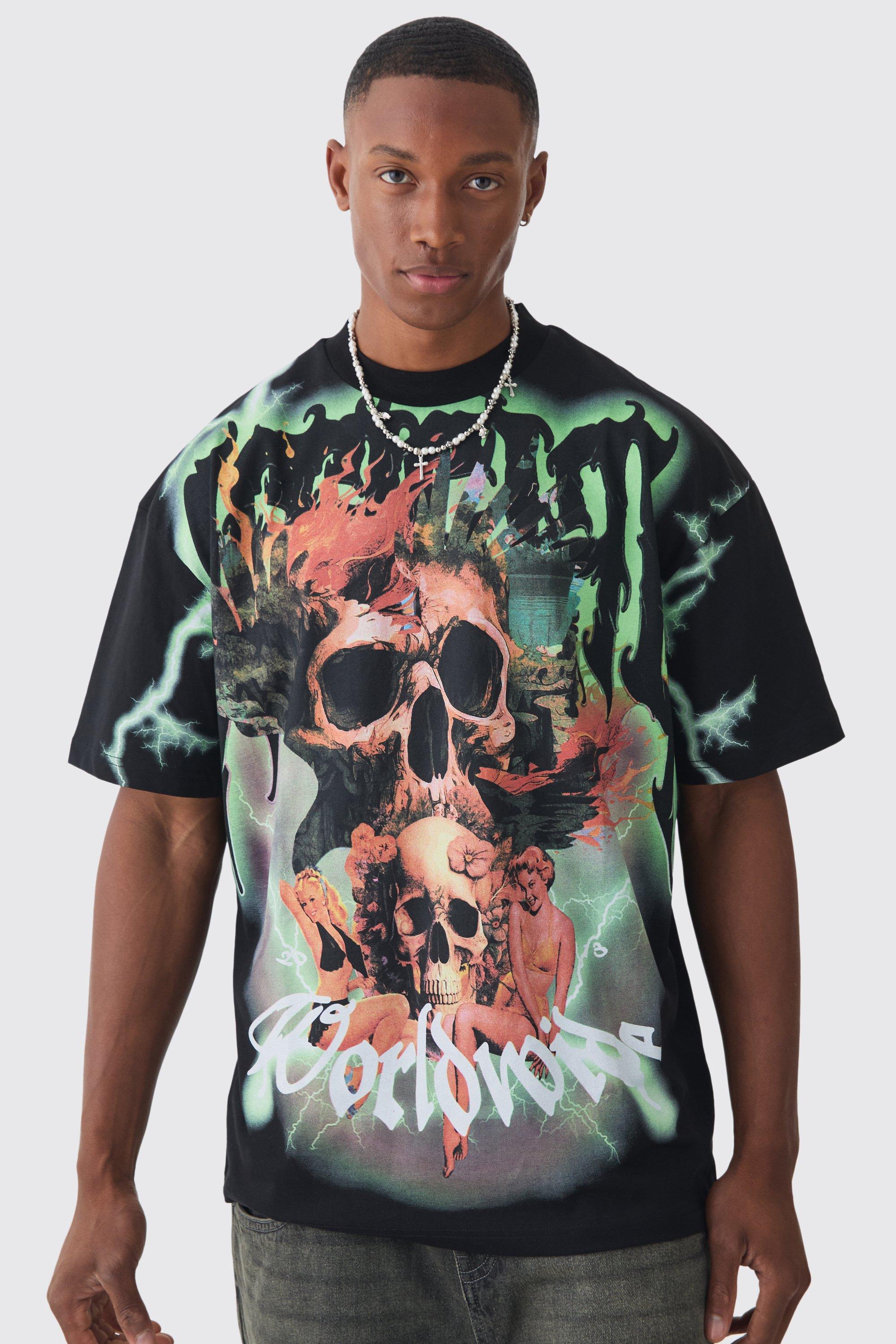 Mens Black Oversized Extended Neck Extreme Skull Graphic T-shirt, Black