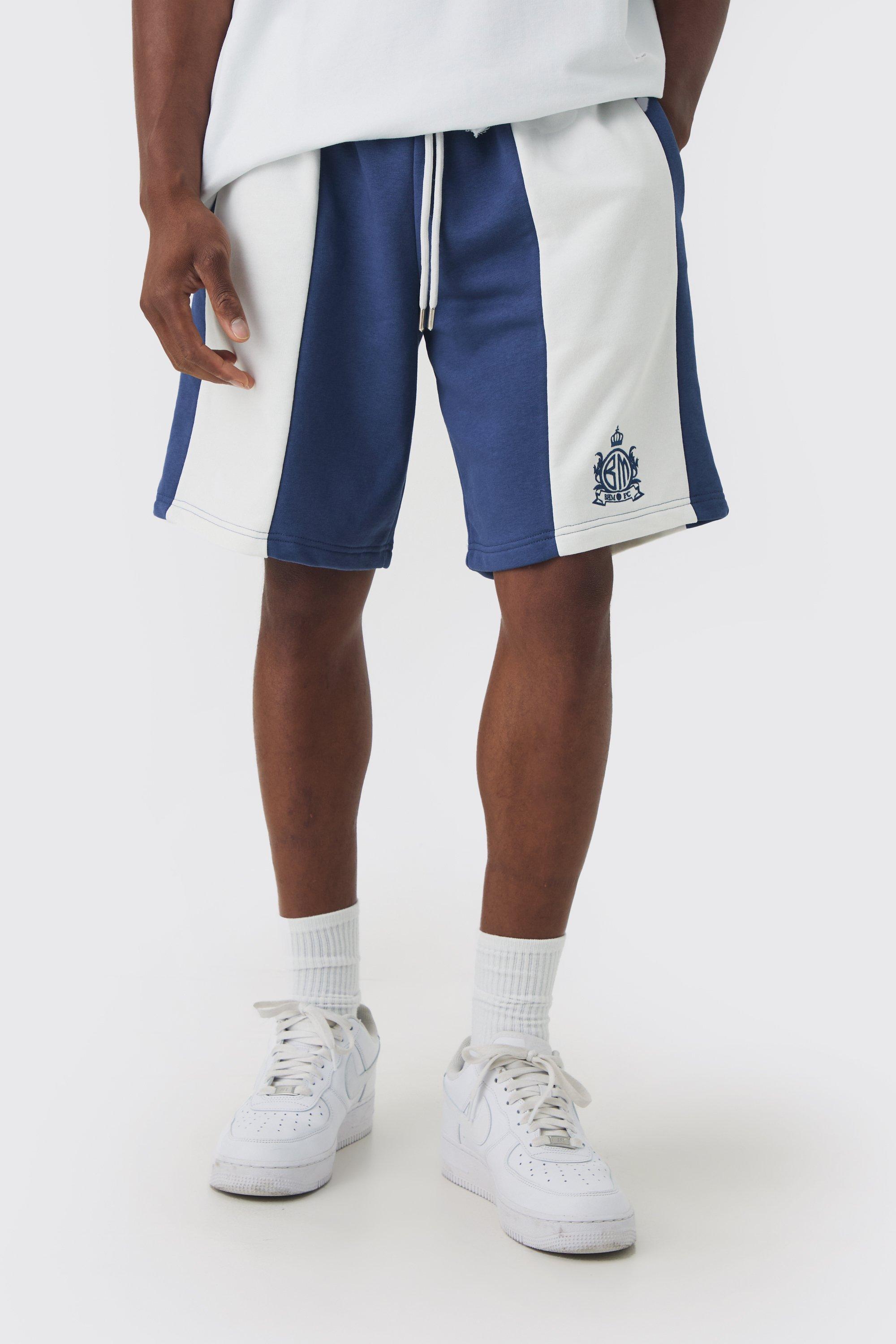 Mens Blue Oversized Mid Length Panelled Jersey Shorts, Blue