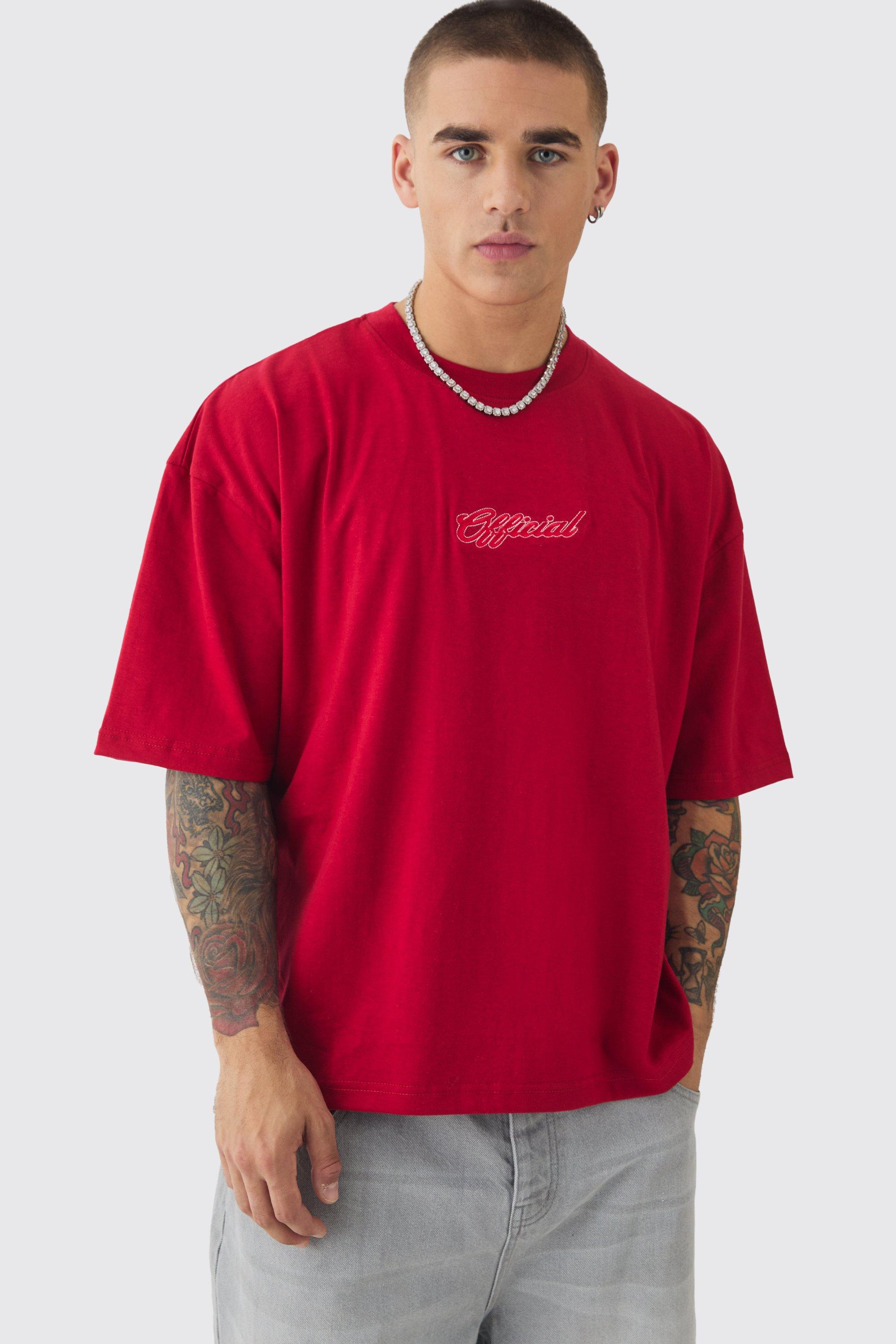 T-shirt squadrata oversize pesante con ricami e girocollo esteso, Rosso