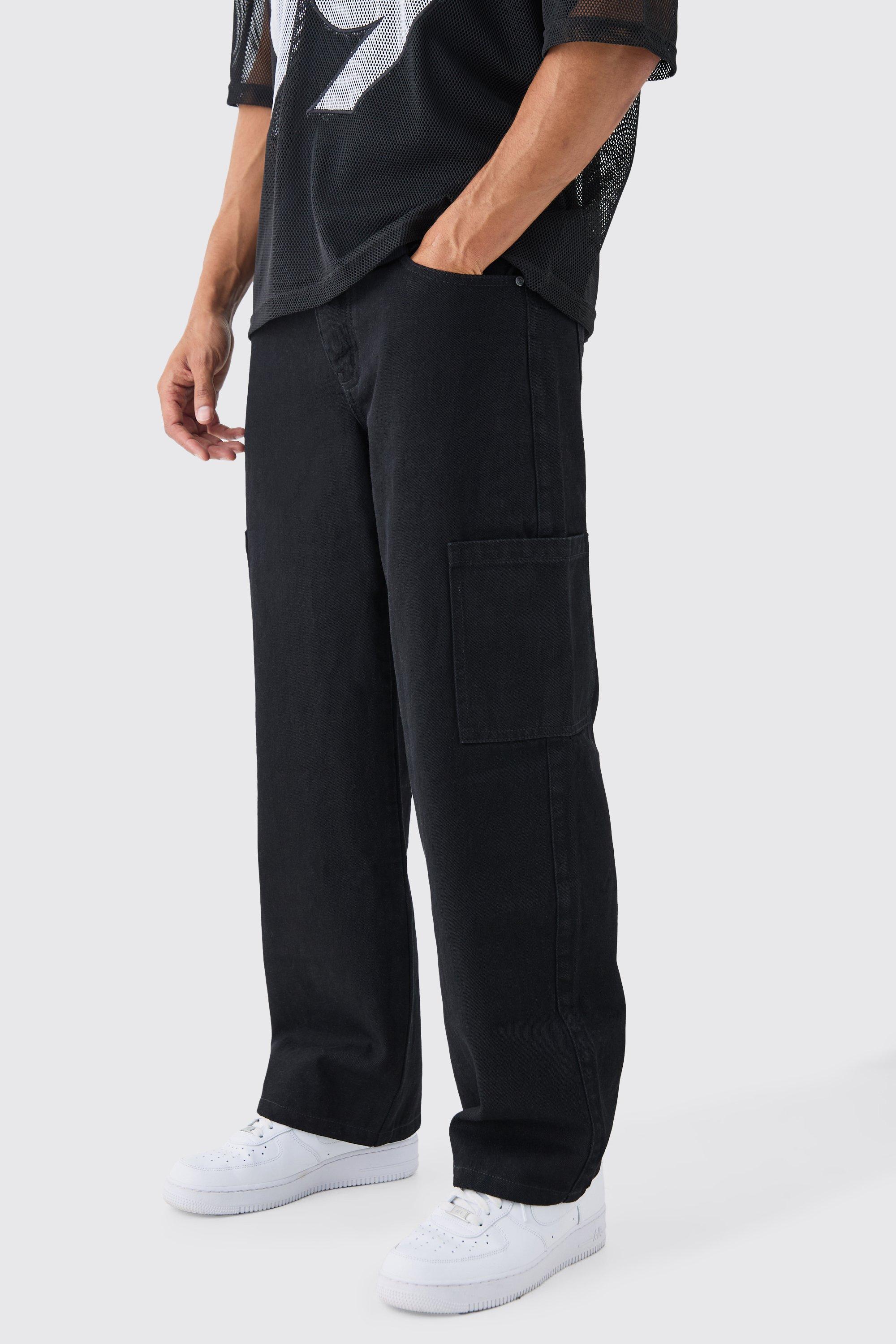 Mens Black Baggy Rigid Cargo Jean, Black