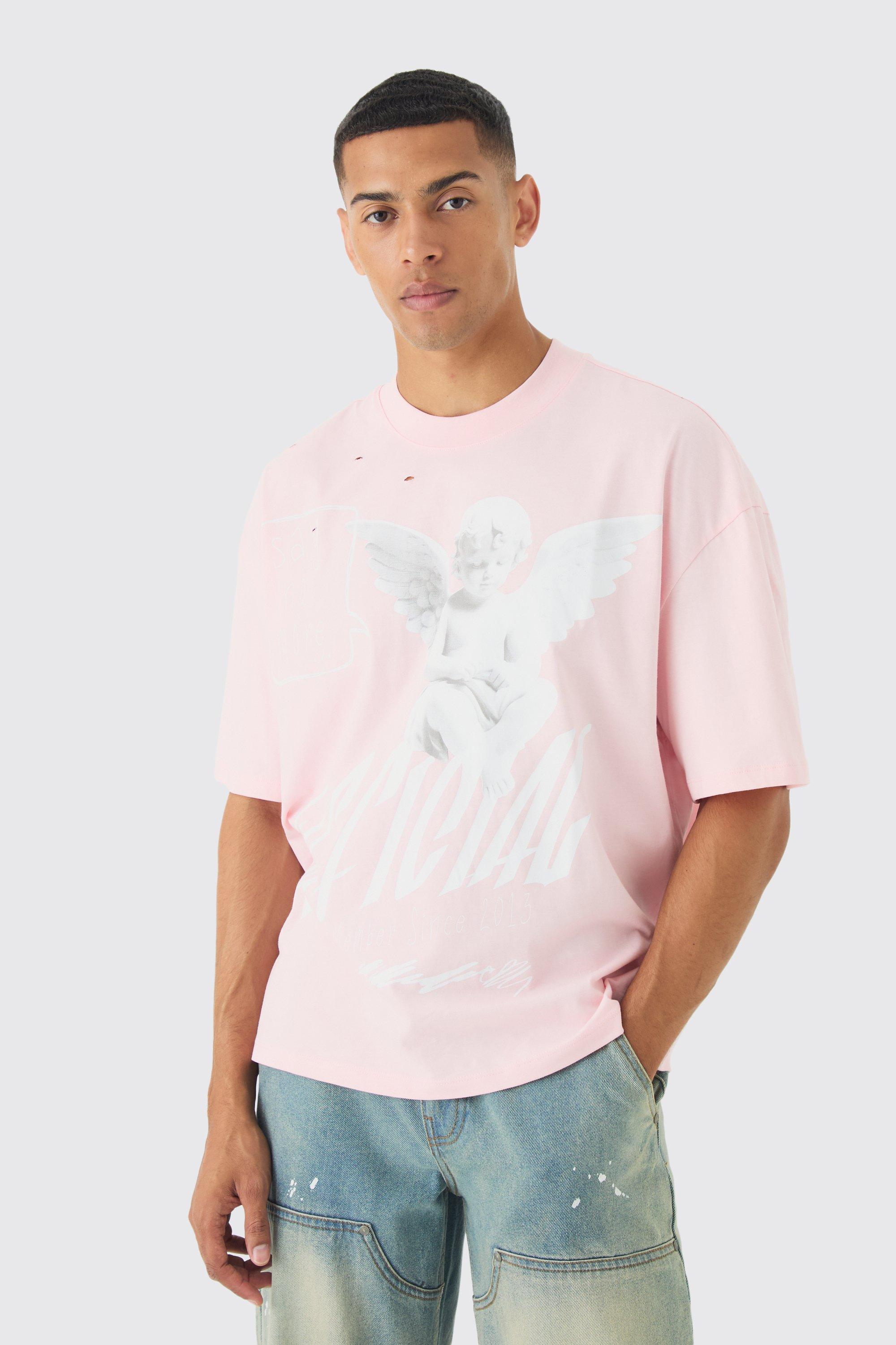 Mens Pink Oversized Boxy Distressed Heavyweight Renaissance Graphic T-shirt, Pink