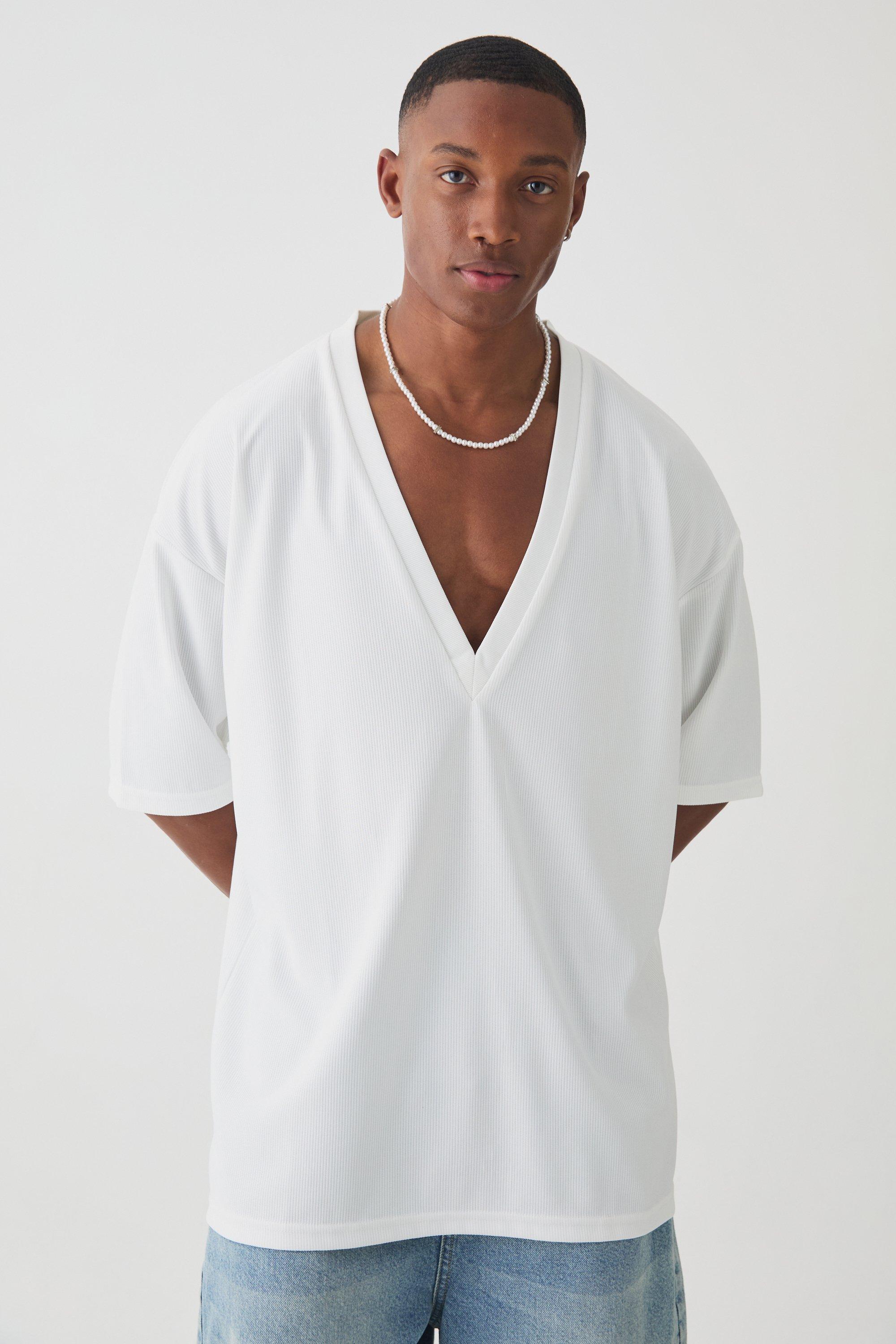 Mens White Oversized V Neck Ottoman Rib T-Shirt, White