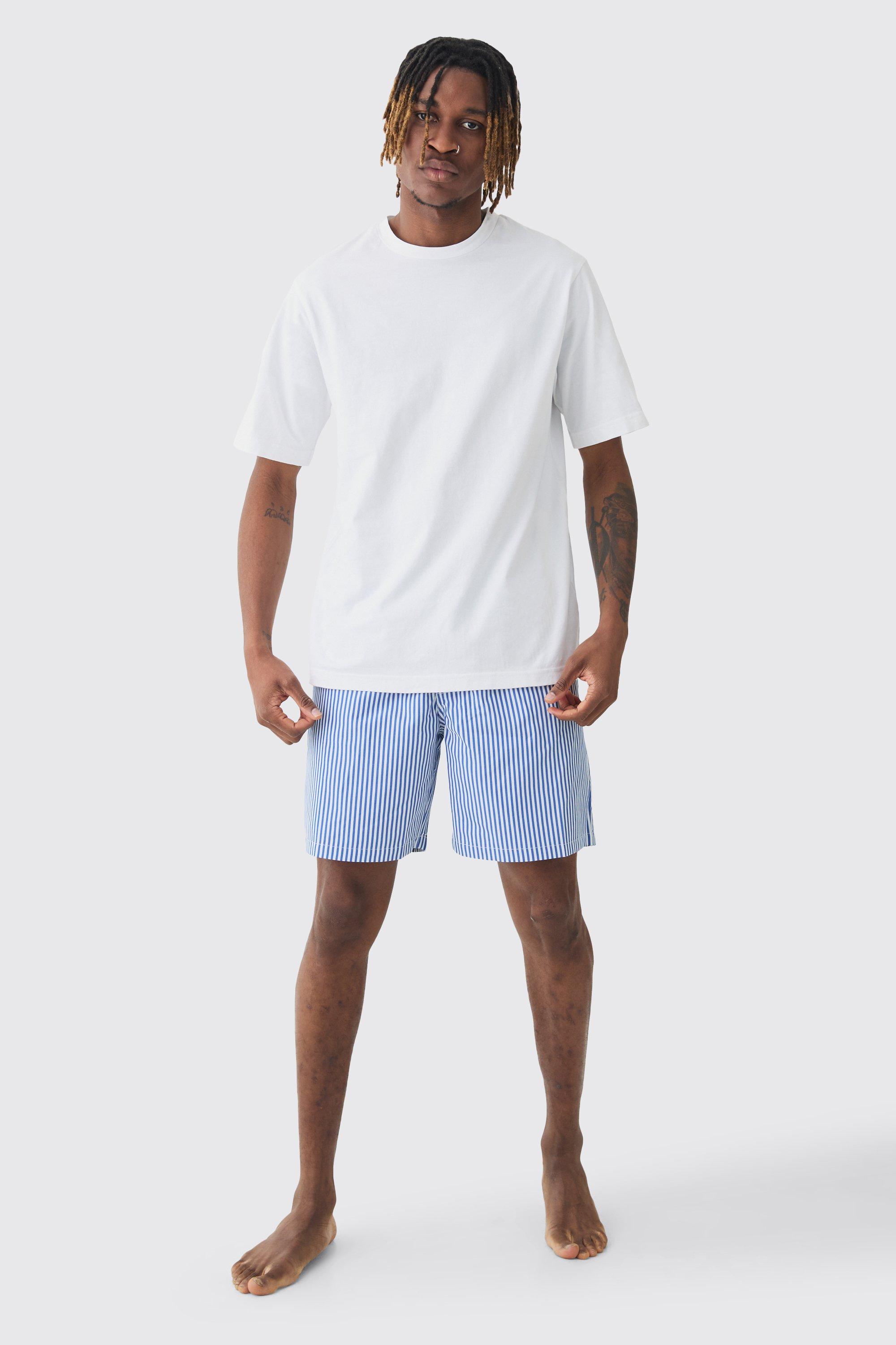 Mens Blue Tall T-shirt & Short Stripe Lounge Set, Blue