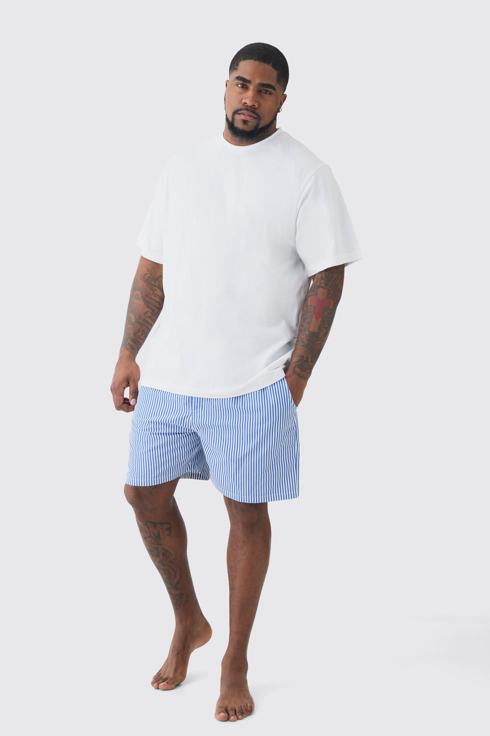 Mens Blue Plus T-shirt & Short Stripe Lounge Set, Blue