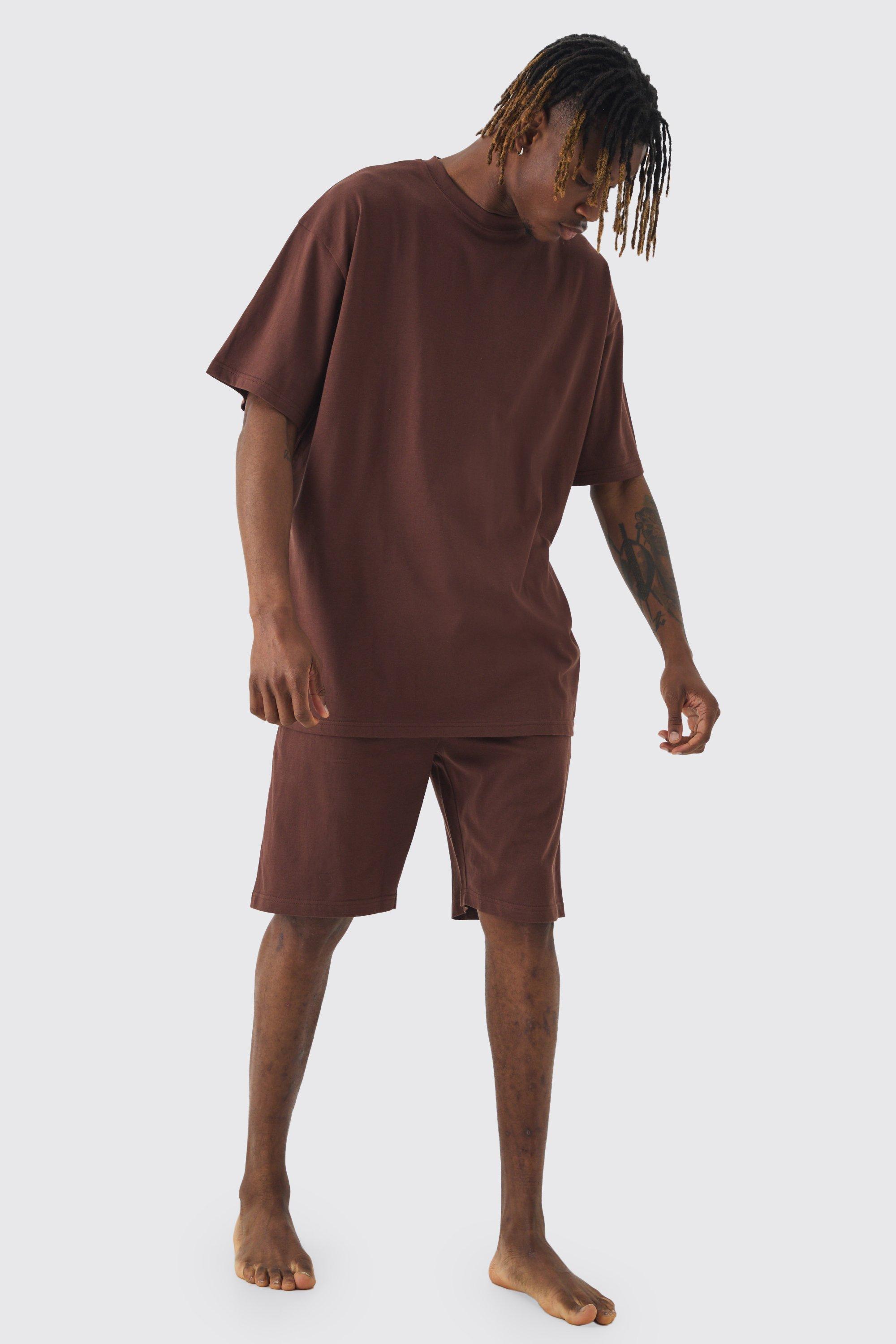 Mens Brown Tall Oversized Lounge Short Set In Chocolate, Brown