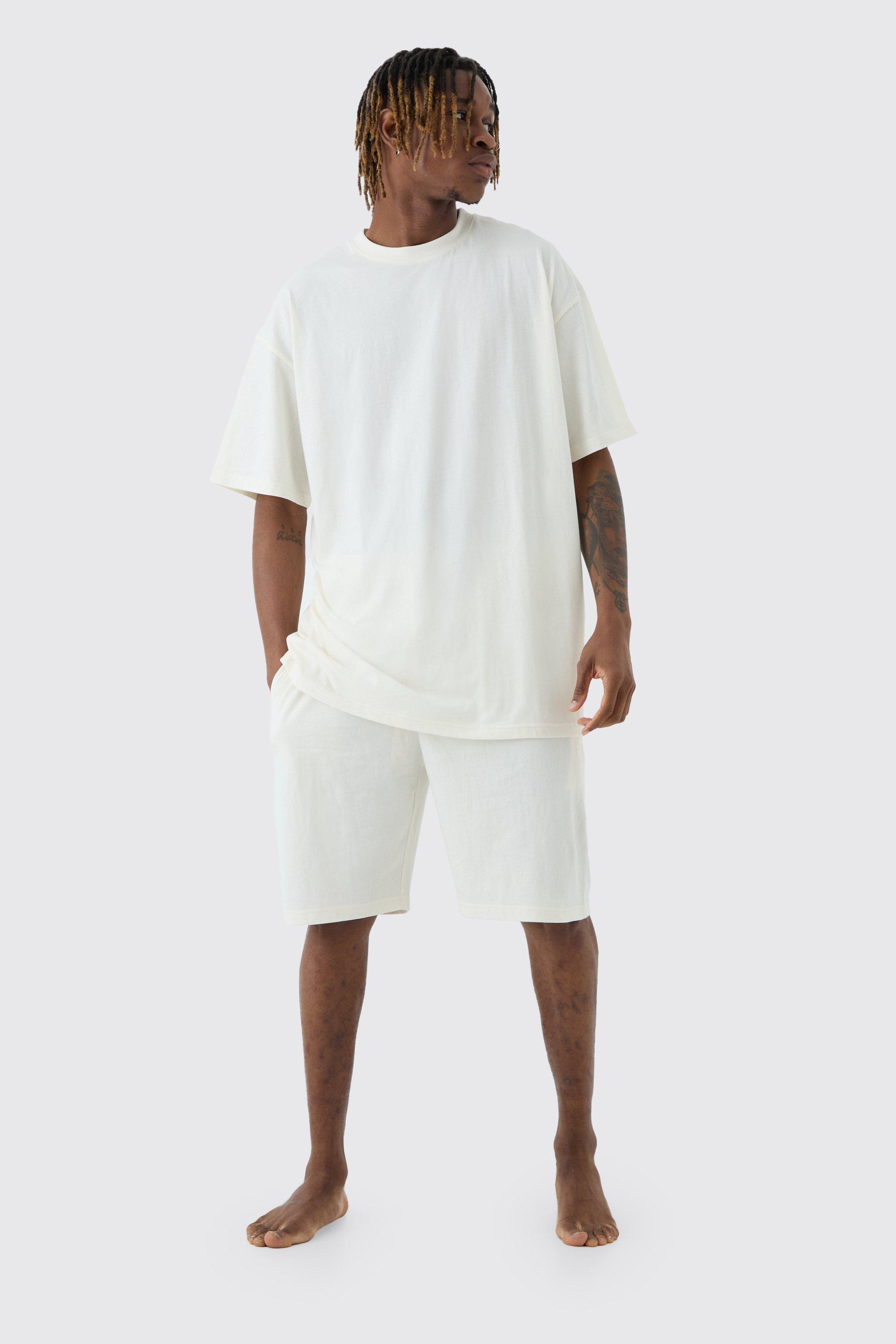 Mens Cream Tall Oversized Lounge Short Set In Ecru, Cream