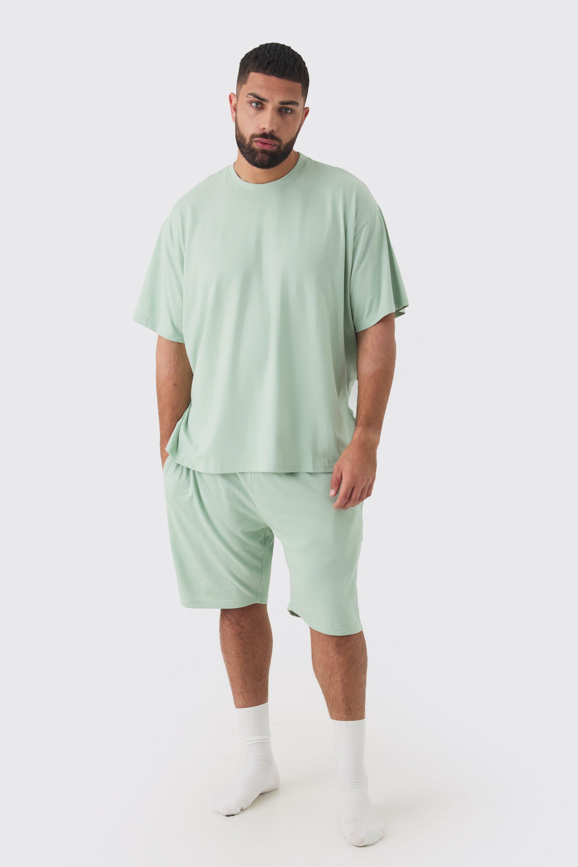 Mens Green Plus Oversized Lounge Short Set In Sage, Green