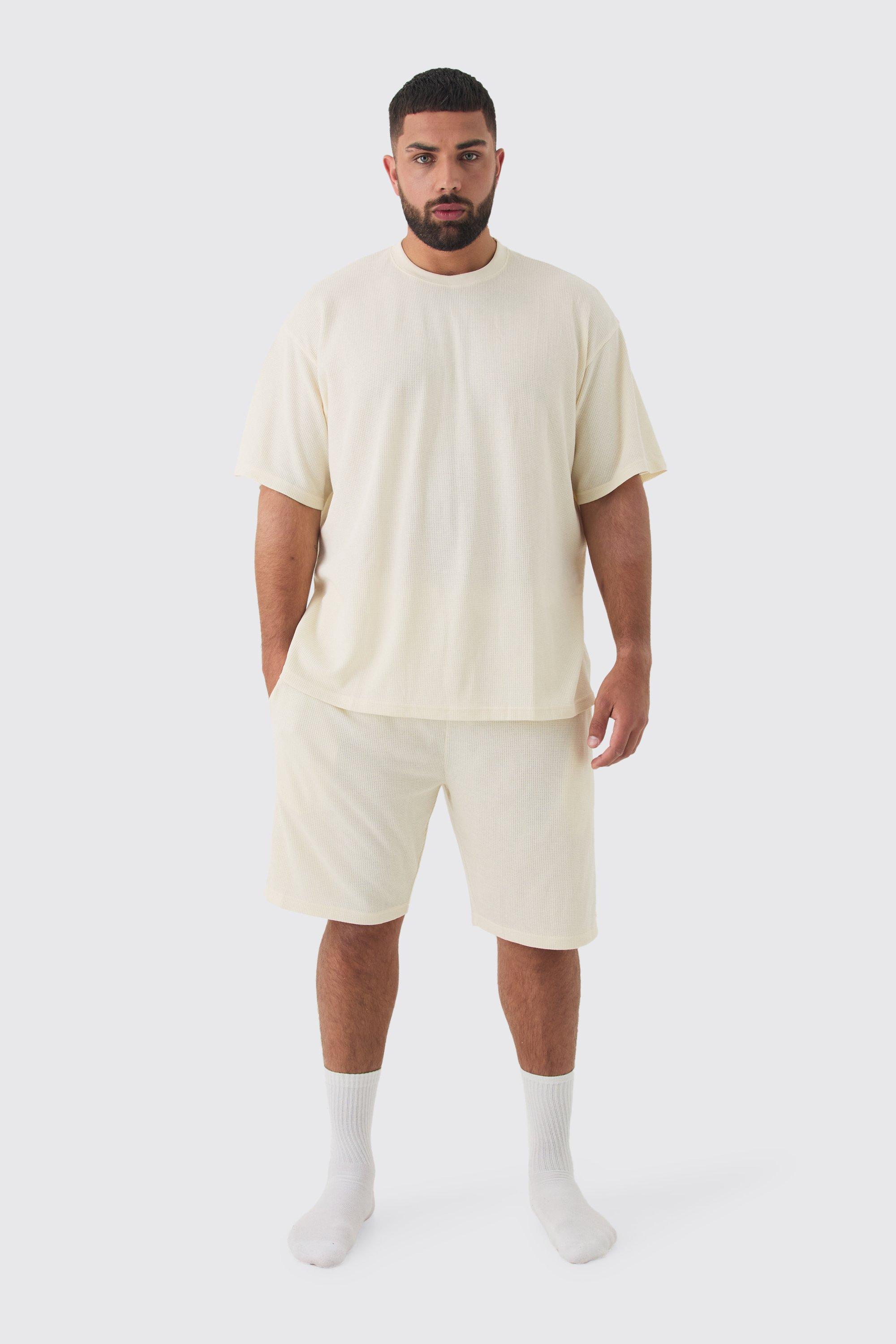 Mens Cream Plus Oversized Waffle Lounge Short Set In Ecru, Cream