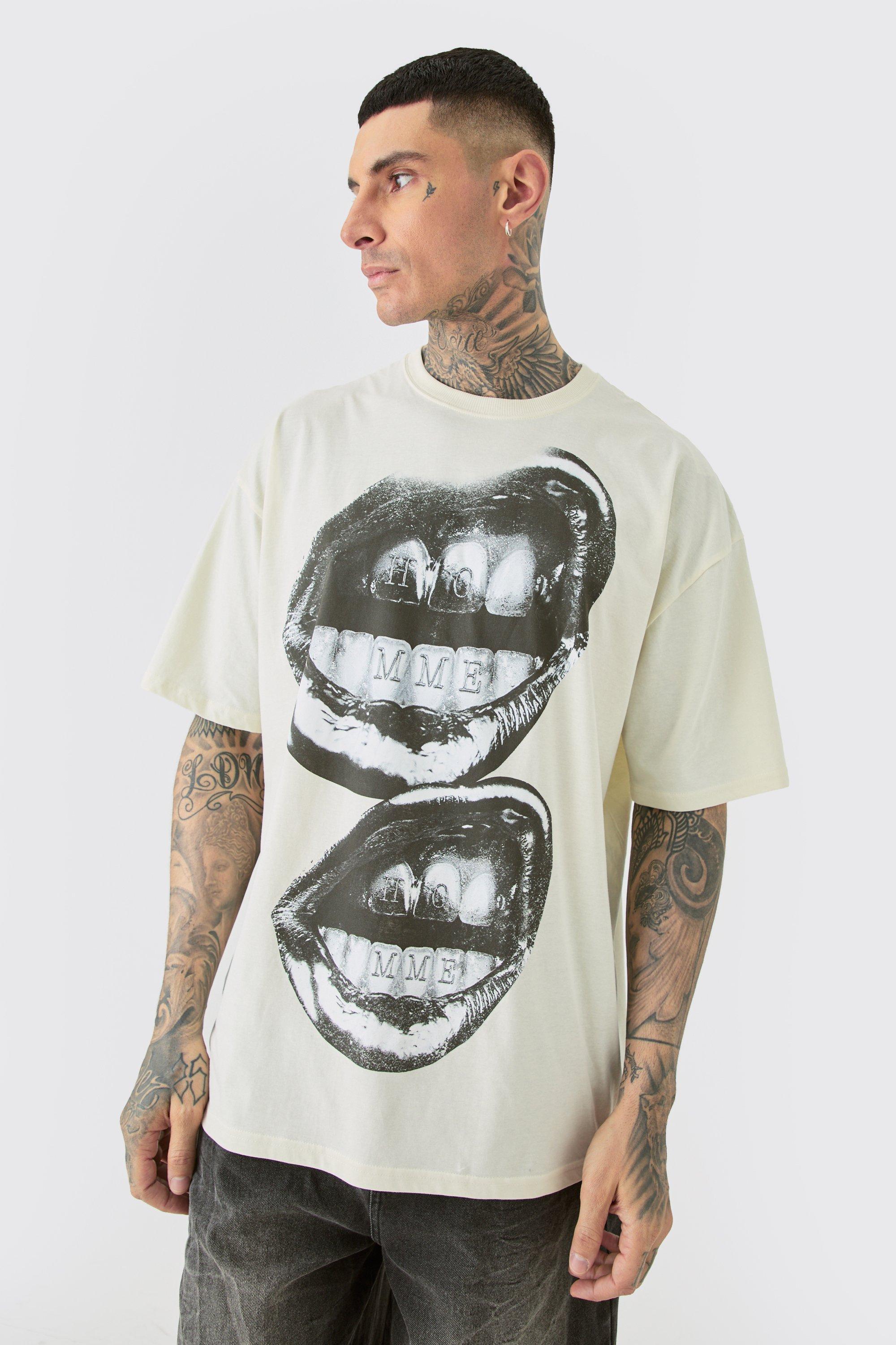 Mens Cream Tall Oversized Metallic Homme Lips T-shirt In Ecru, Cream