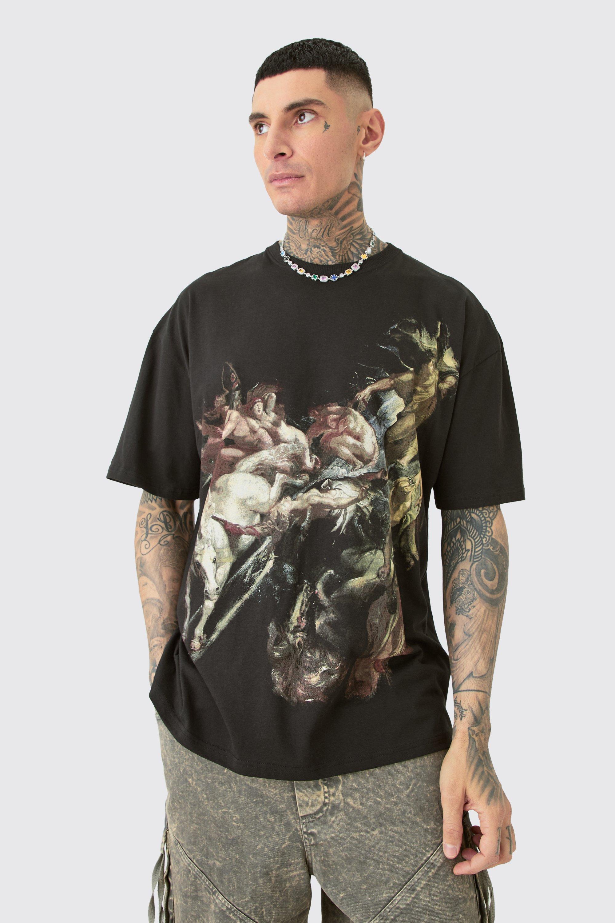 Mens Tall Oversized Renaissance Printed T-shirt In Black, Black