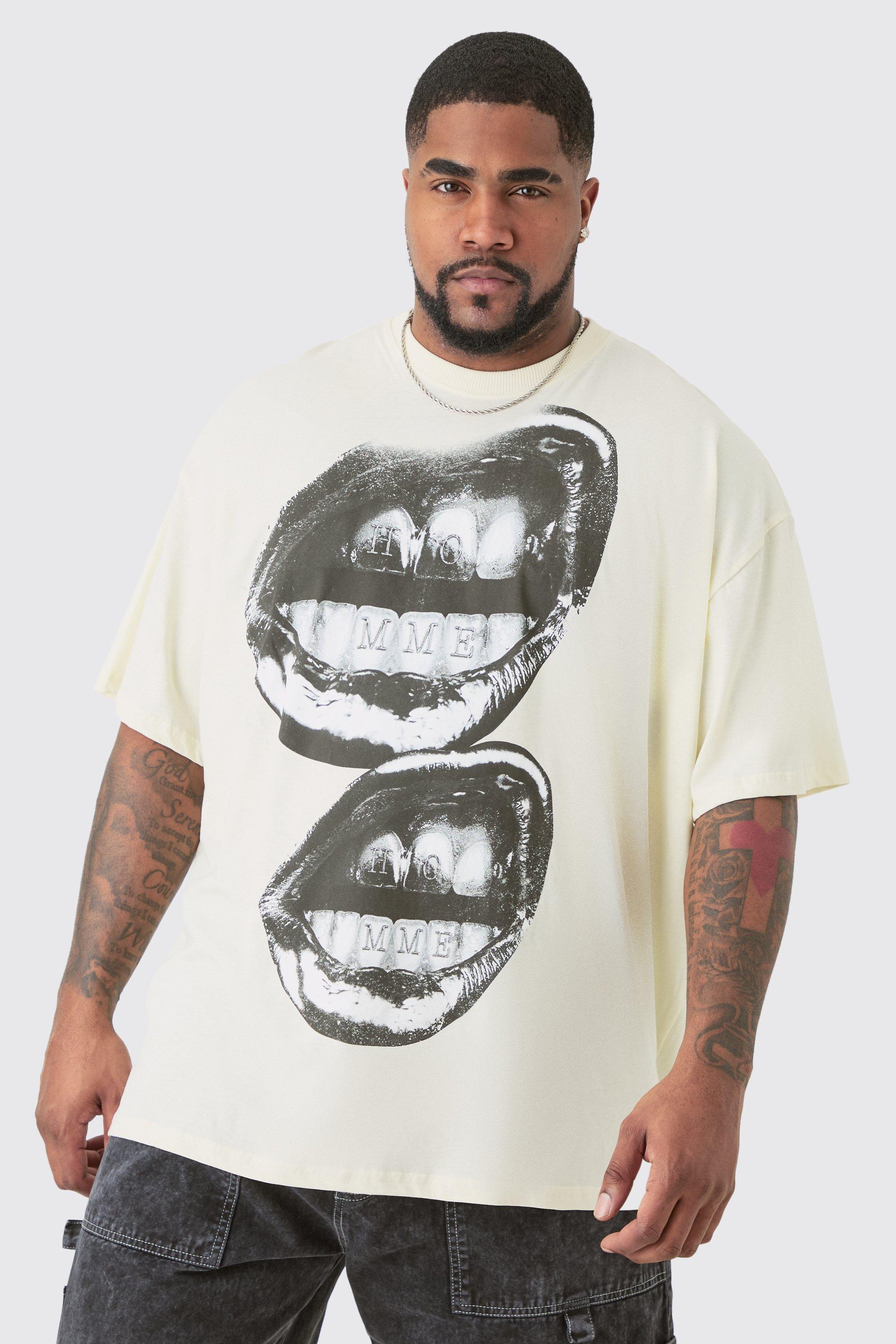 Image of Plus Oversized Metallic Homme Lips T-shirt In Ecru, Cream