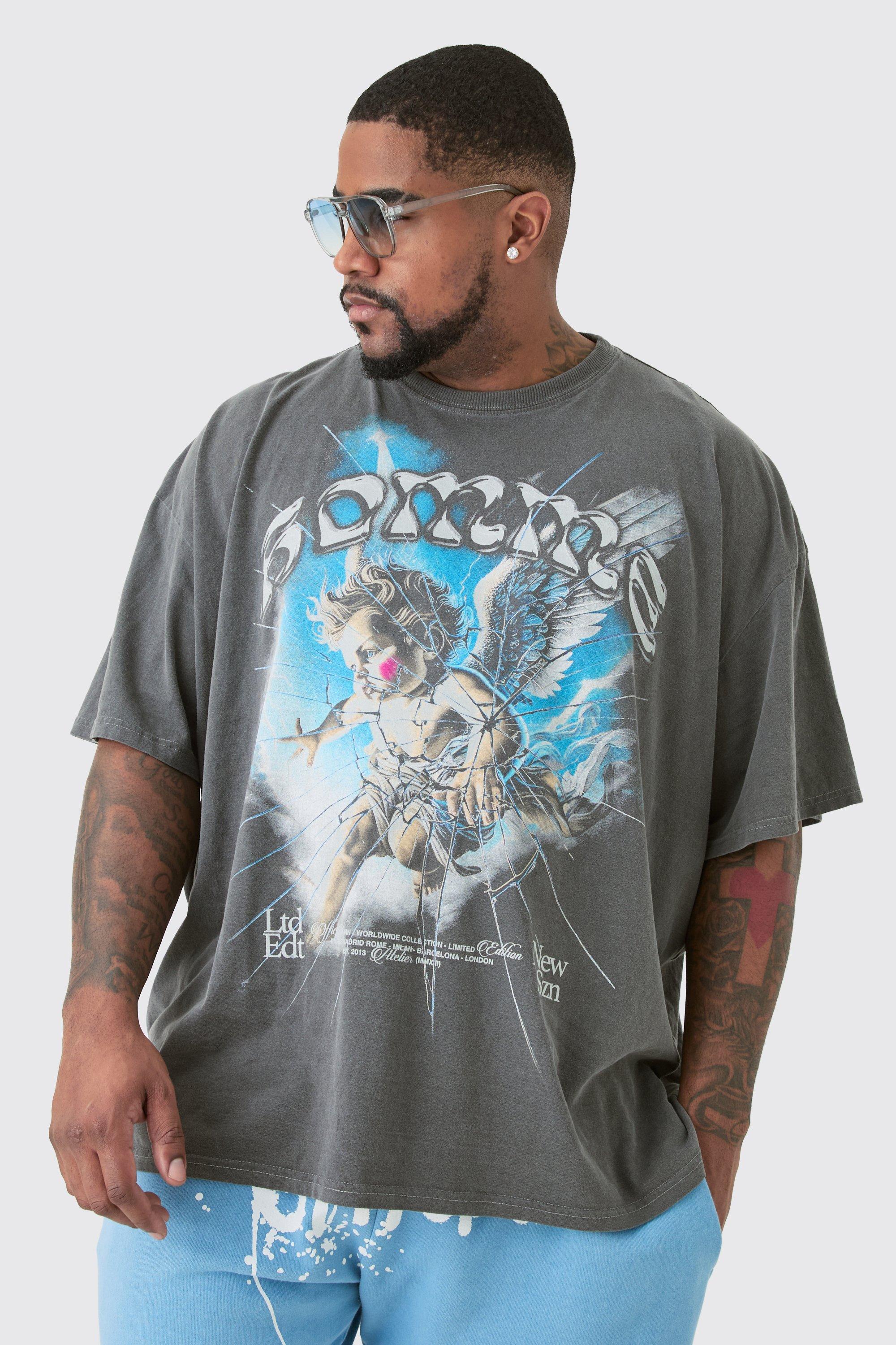Image of Plus Oversized Homme Angel Acid Wash T-shirt In Grey, Grigio