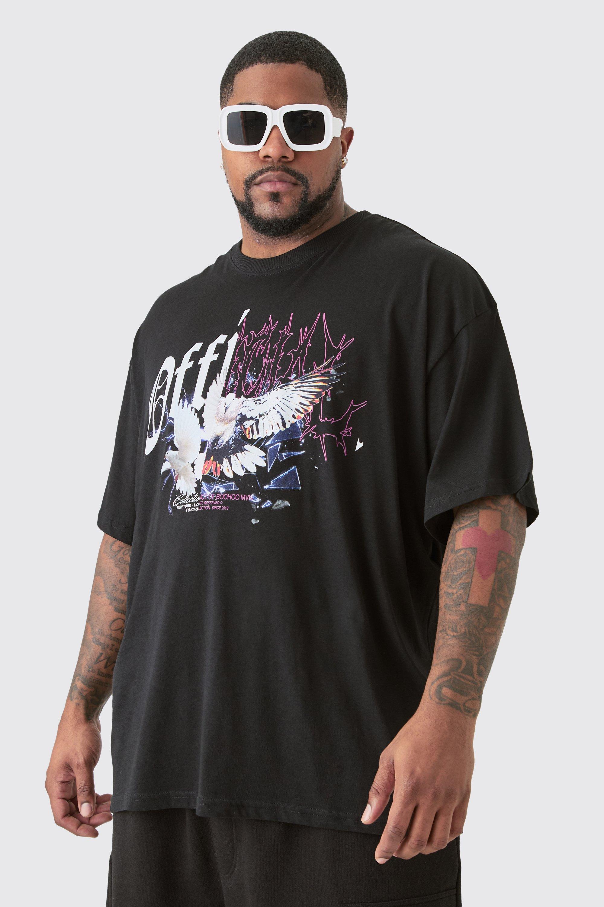 Mens Plus Oversized Official Splice Print T-shirt In Black, Black