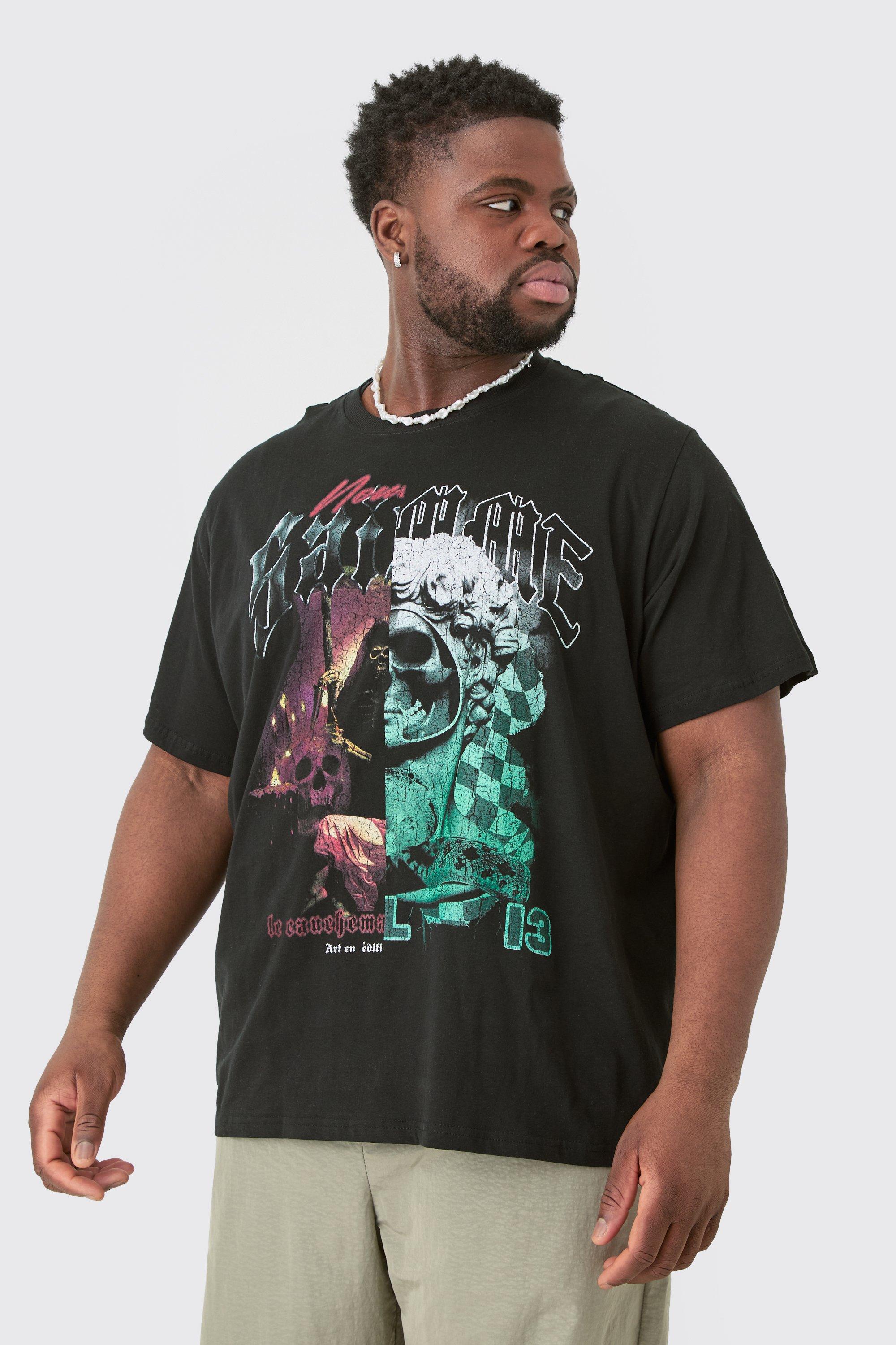 Mens Plus Gothic Splice Print T-shirt In Black, Black