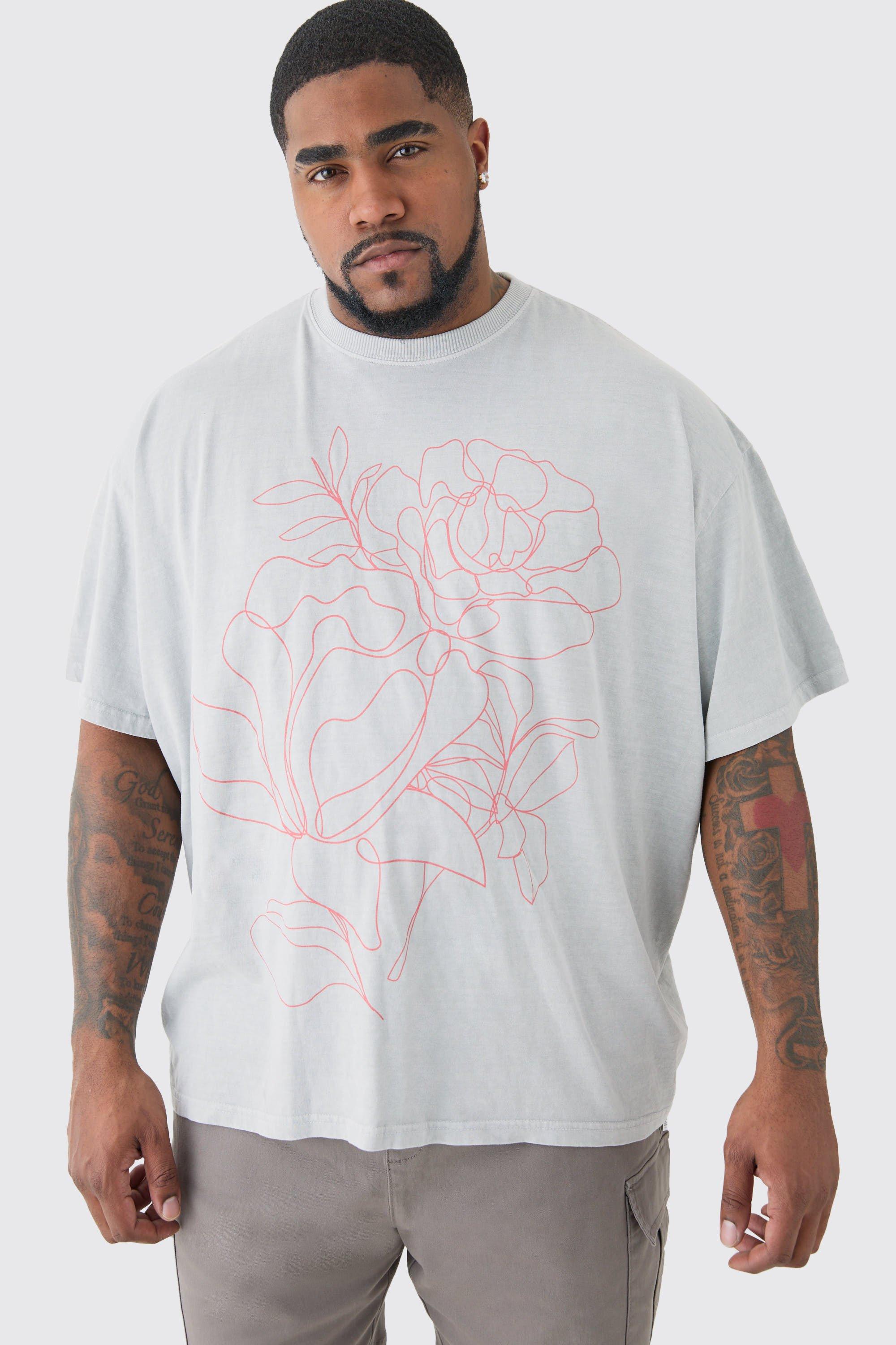 Mens Plus Oversized Floral Stencil Print T-shirt In Grey, Grey