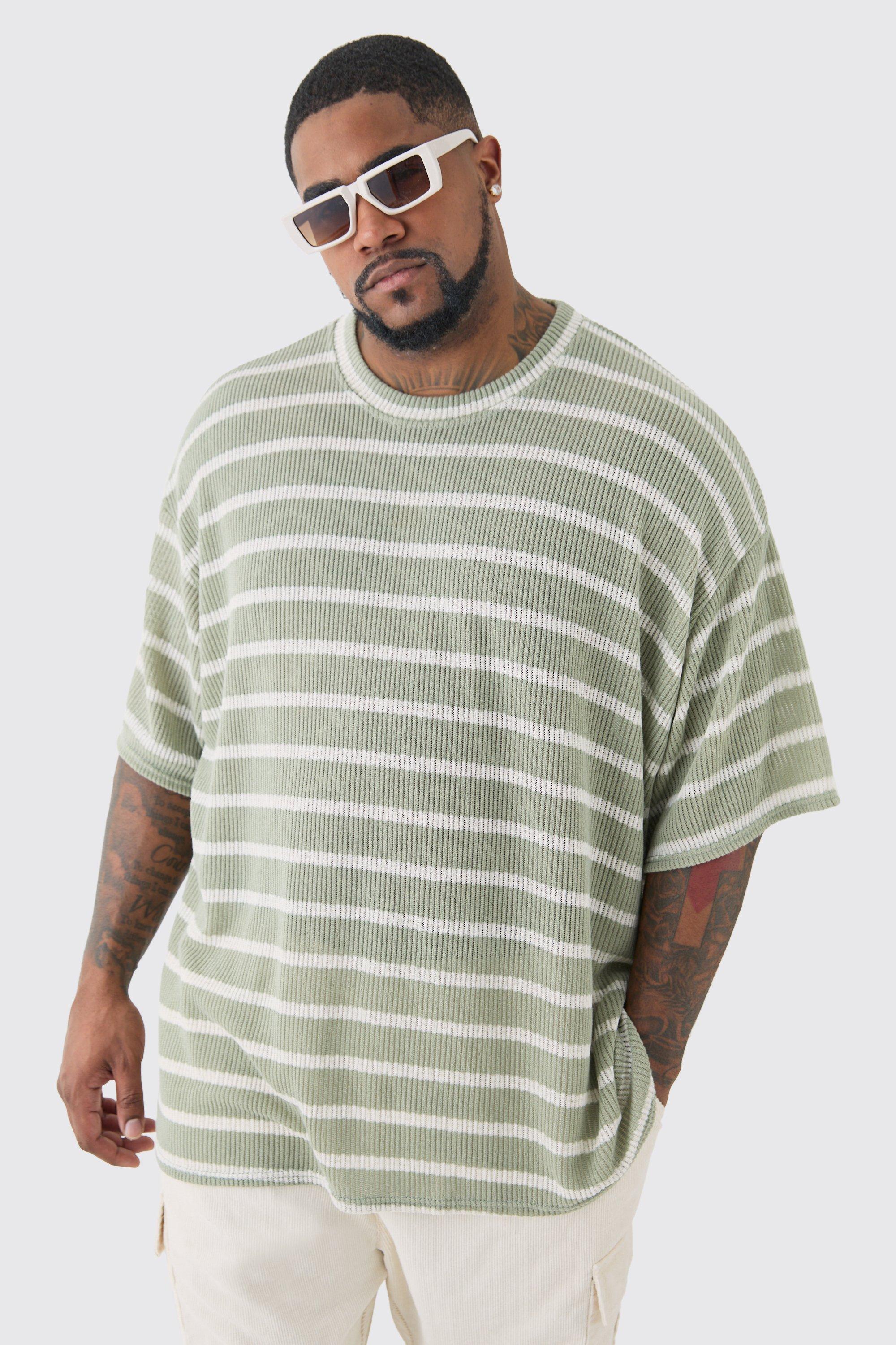 T-shirt Plus Size rilassata in maglia a righe, Verde