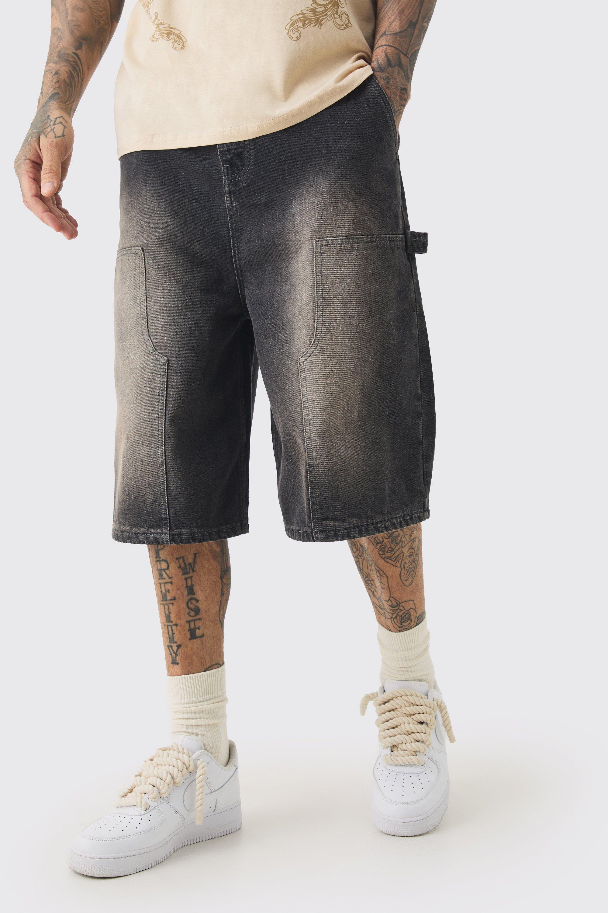 Mens Tall Carpenter Detail Denim Jorts In Grey, Grey