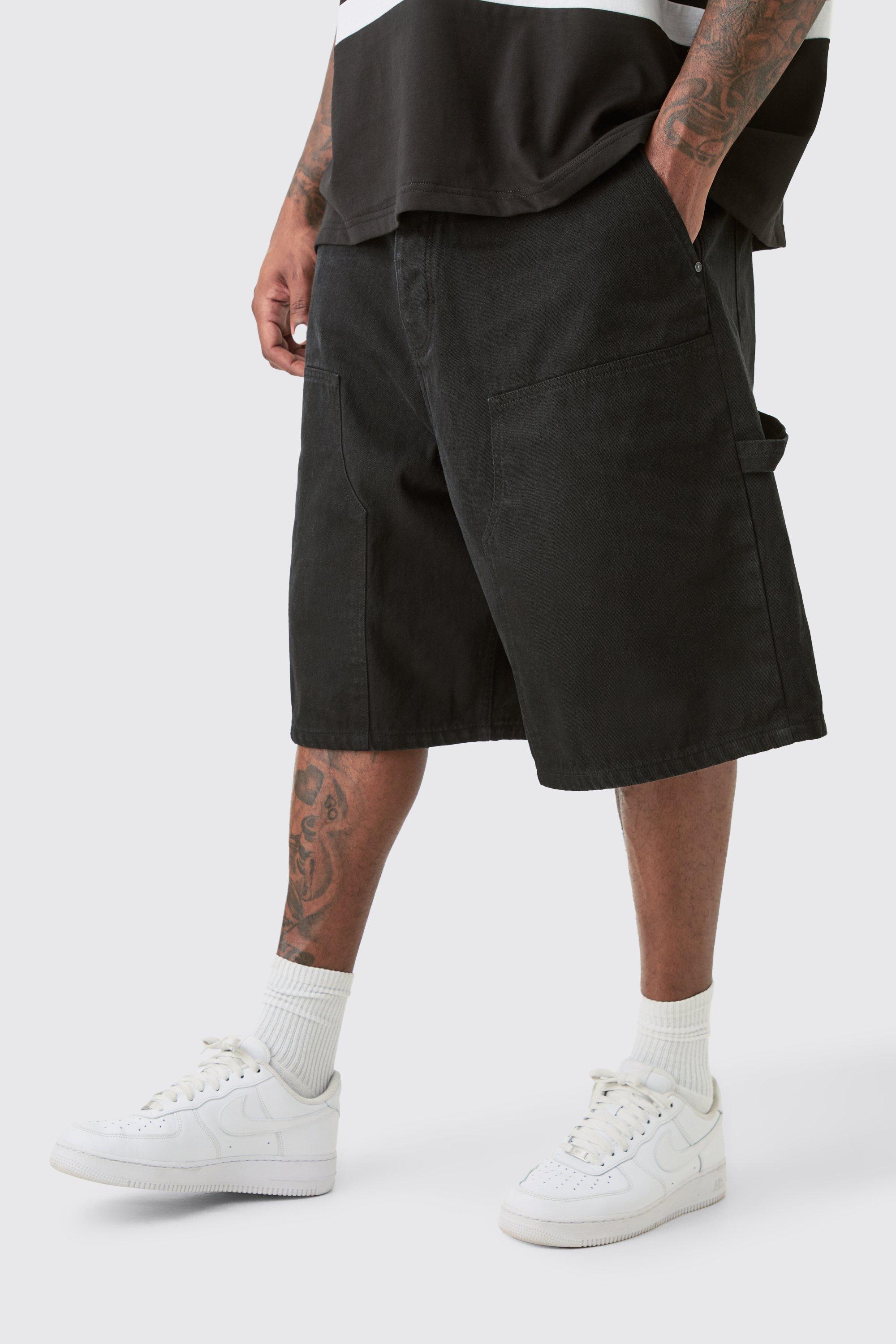 Mens Plus Carpenter Detail Denim Jorts In Black, Black