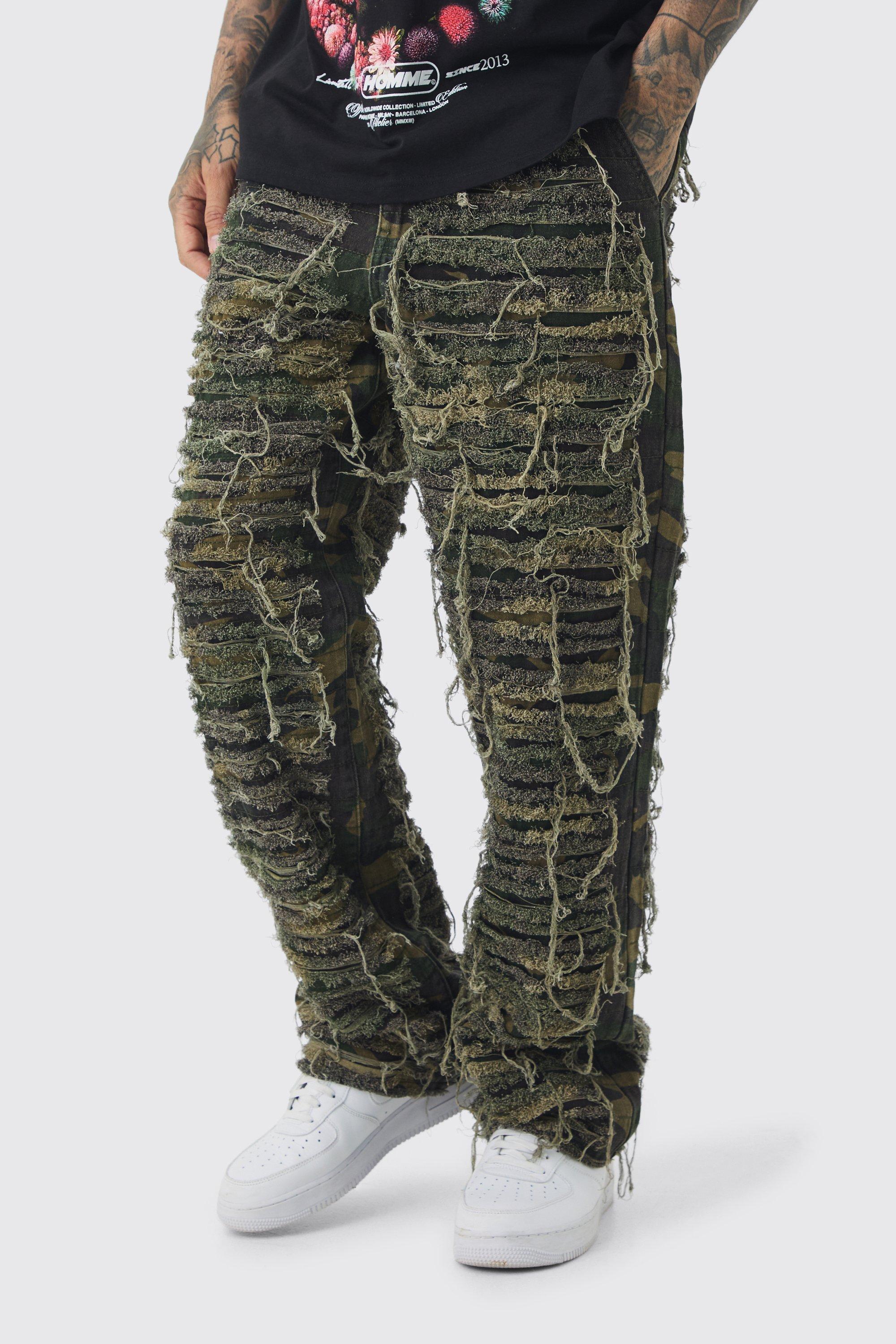 Mens Green Tall Relaxed Heavily Distressed Camo Trouser, Green