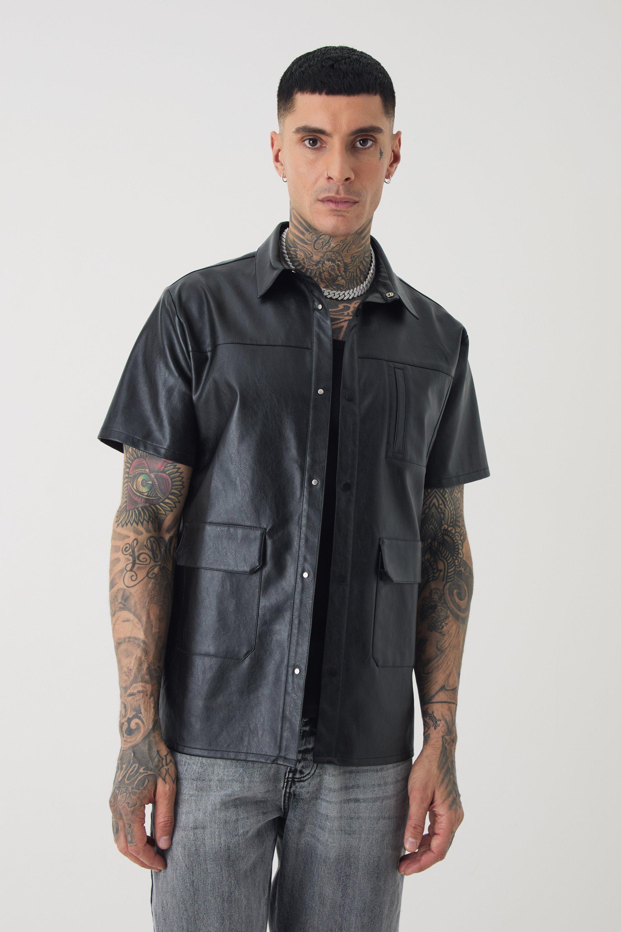 Mens Black Tall PU Utility Pocket Shirt, Black