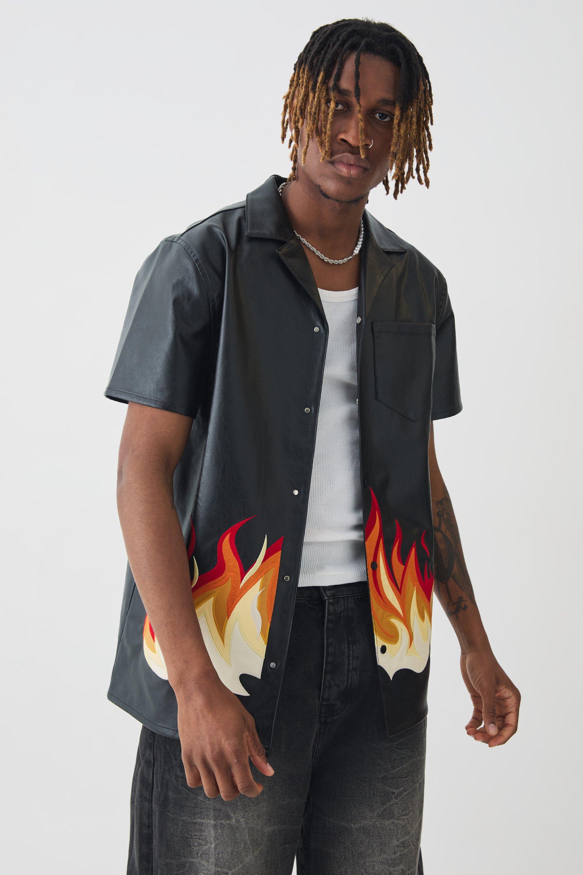 Mens Black Tall PU Flame Embroidery Shirt, Black