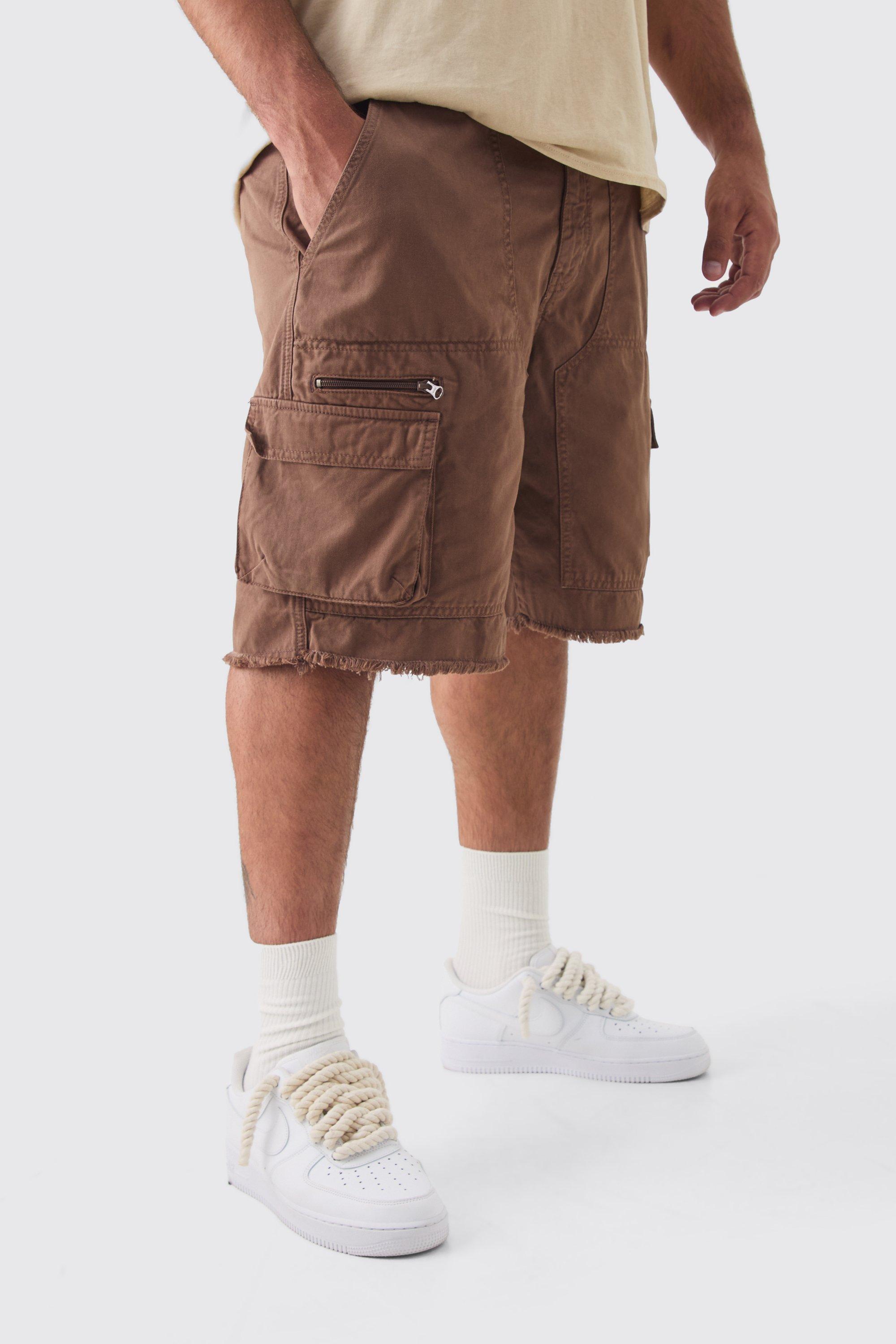 Mens Brown Plus Fixed Waist Raw Hem Relaxed Cargo Shorts, Brown