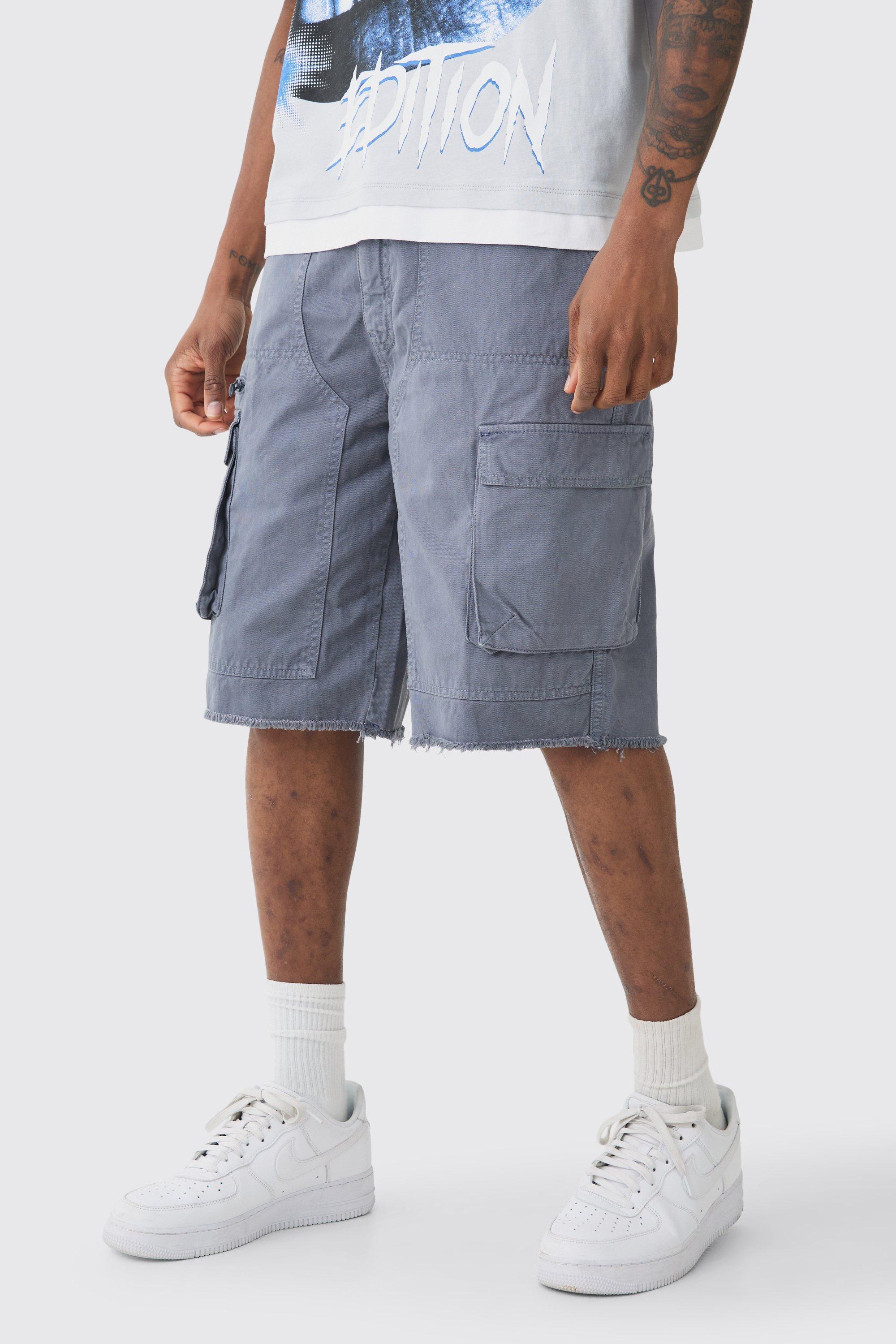 Mens Grey Tall Fixed Waist Raw Hem Relaxed Cargo Shorts, Grey