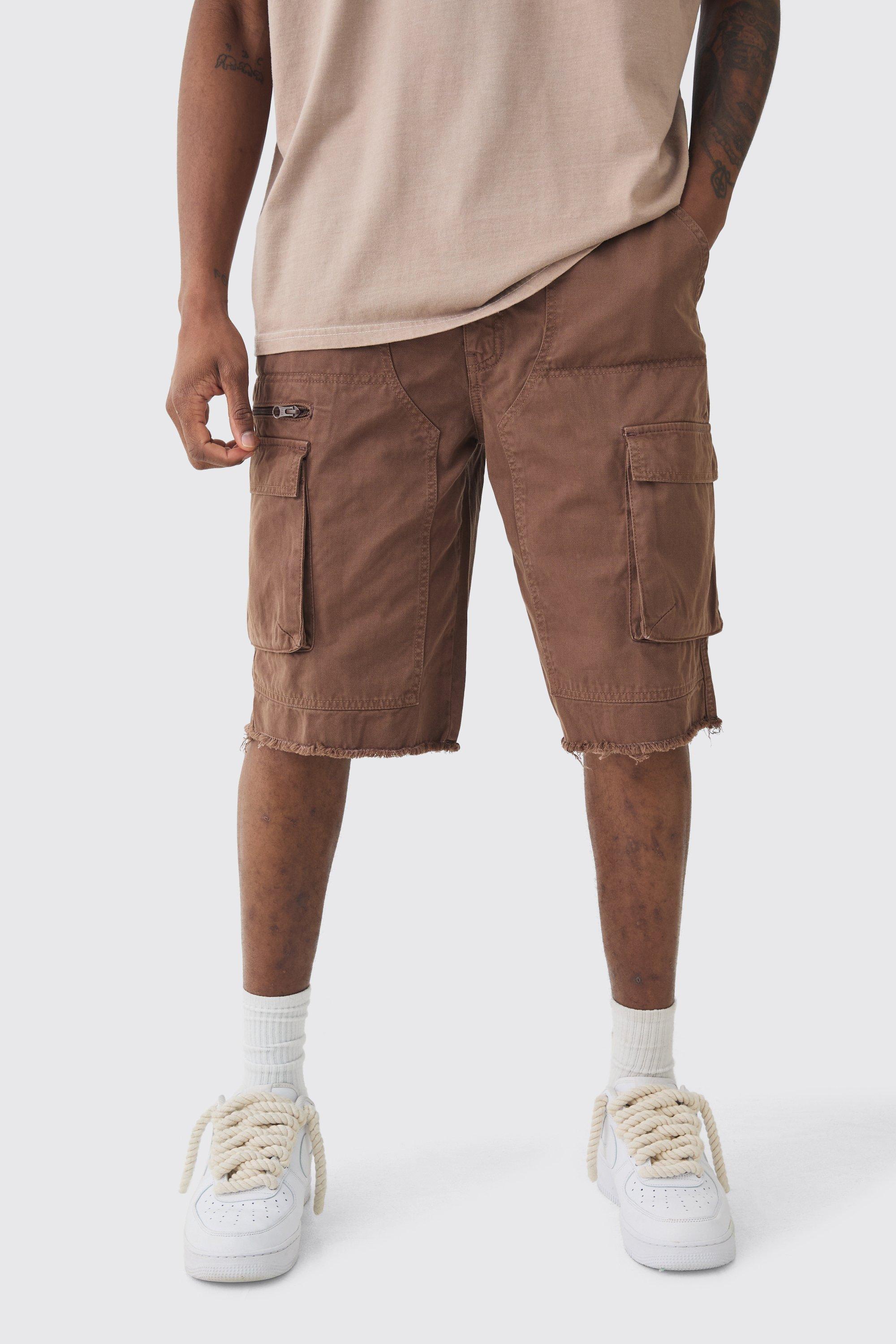 Mens Brown Tall Fixed Waist Raw Hem Relaxed Cargo Shorts, Brown