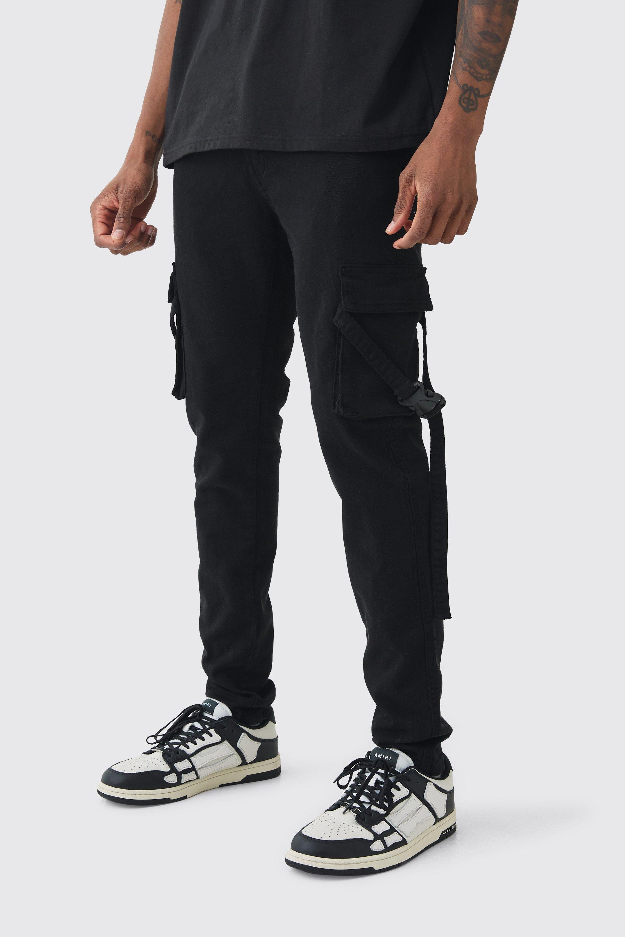 Mens Tall Skinny Overdyed Strap Detail Cargo Trouser In Black, Black