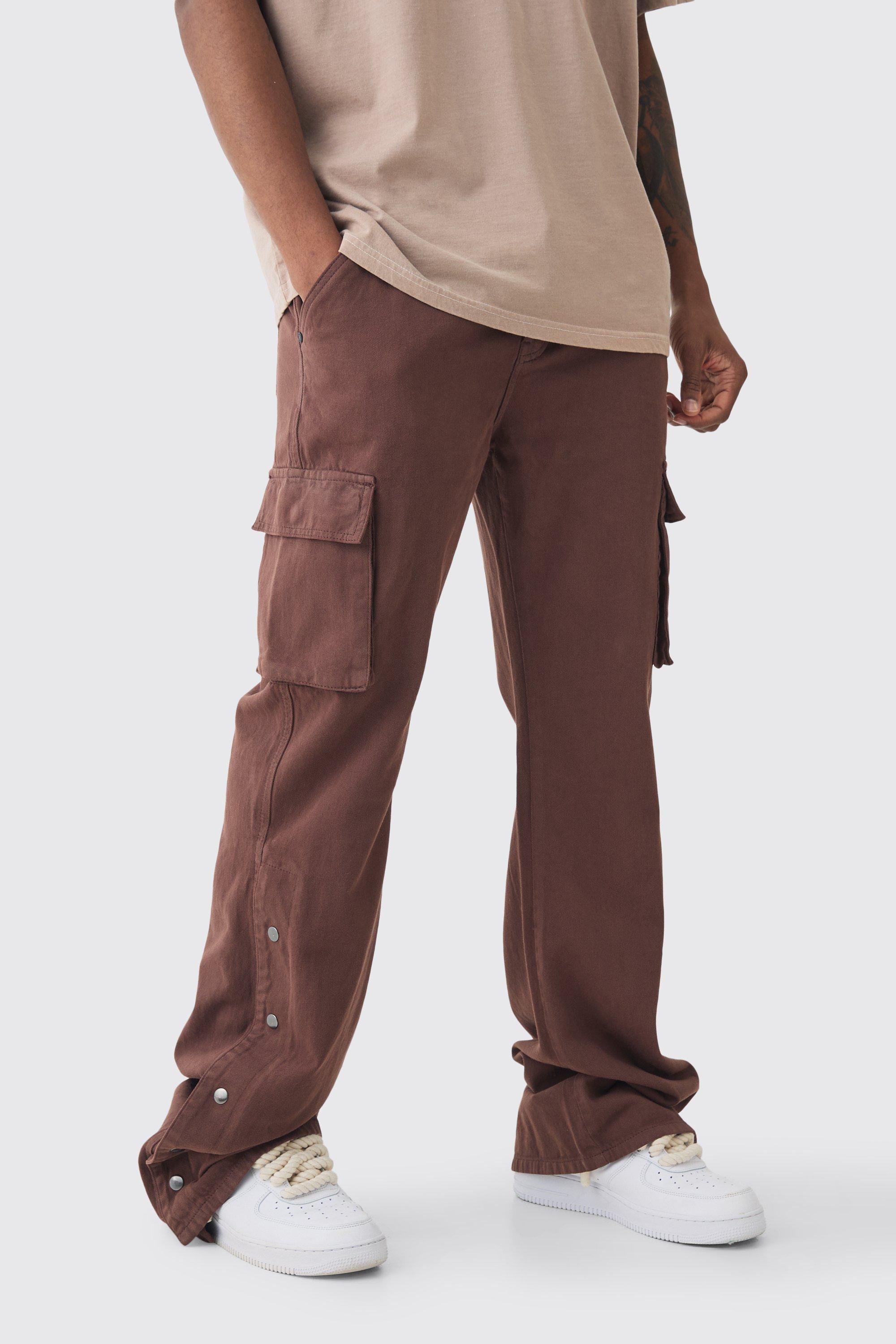 Boohoo Tall Relaxed Flare Overdye Popper Hem Cargo Trouser In Chocolate, Chocolate