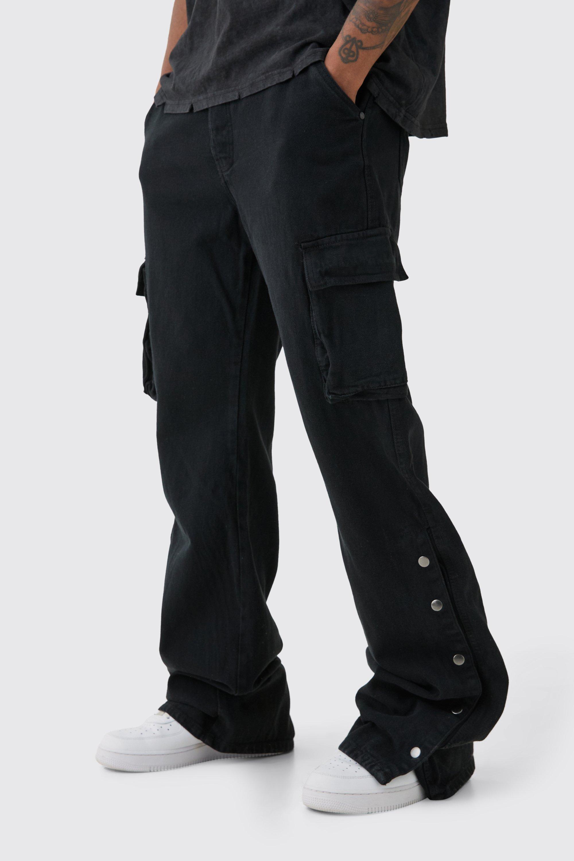 Mens Tall Relaxed Flare Overdye Popper Hem Cargo Trouser In Black, Black