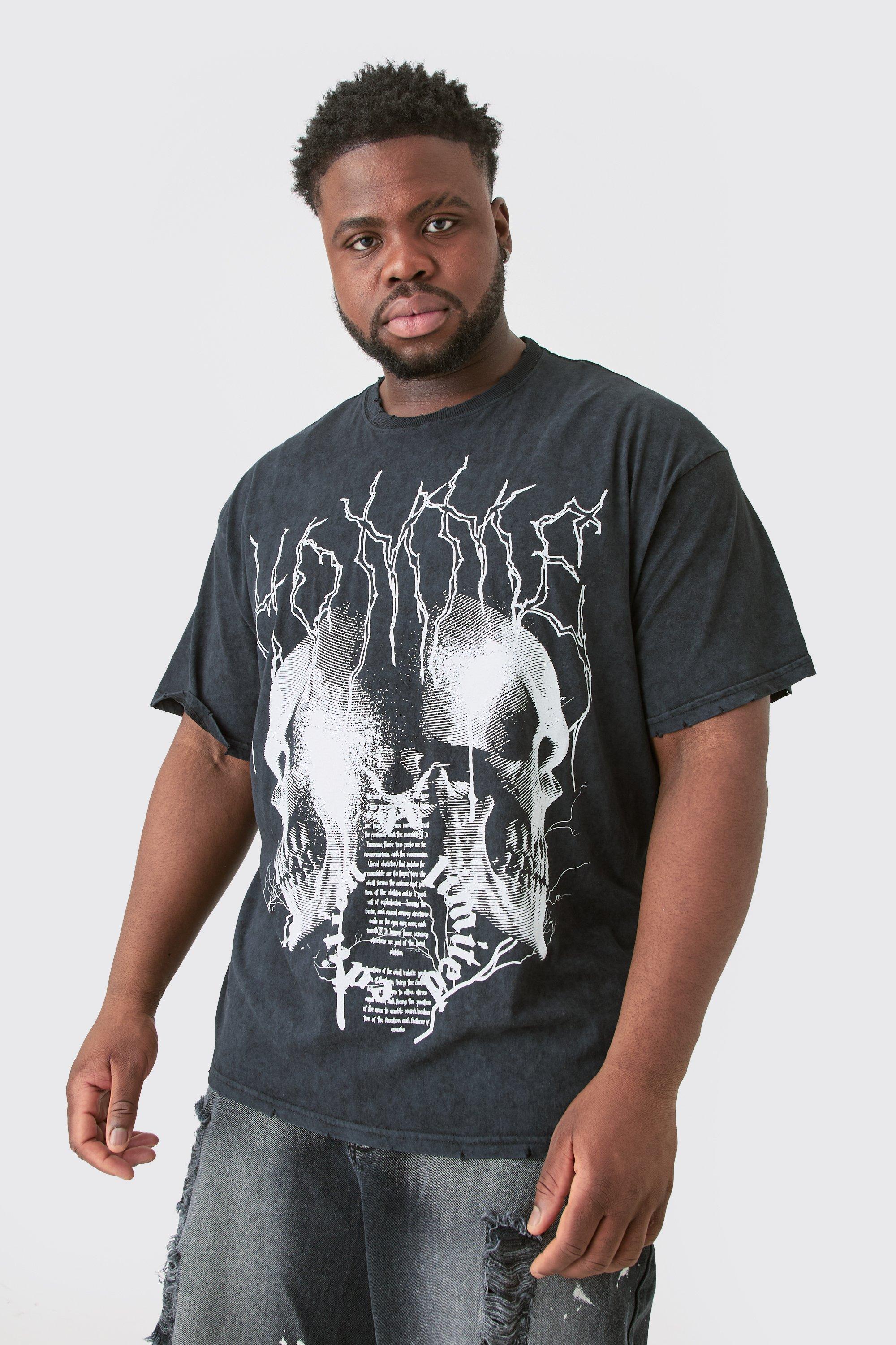 Image of Plus Distressed Oversized Acid Wash Gothic Print T-shirt, Grigio