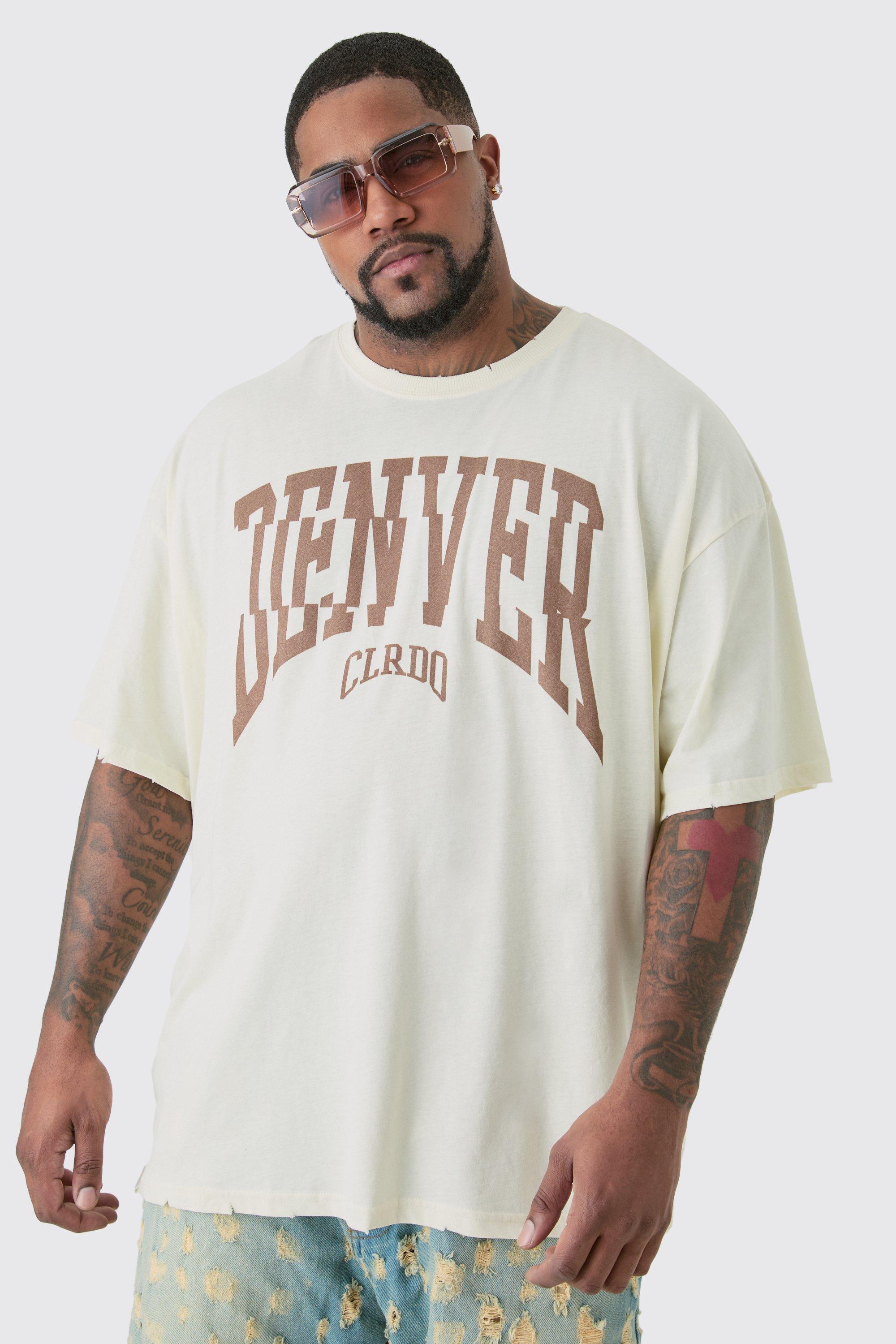 Image of Plus Distressed Oversized Acid Wash Denver Varsity T-shirt, Cream